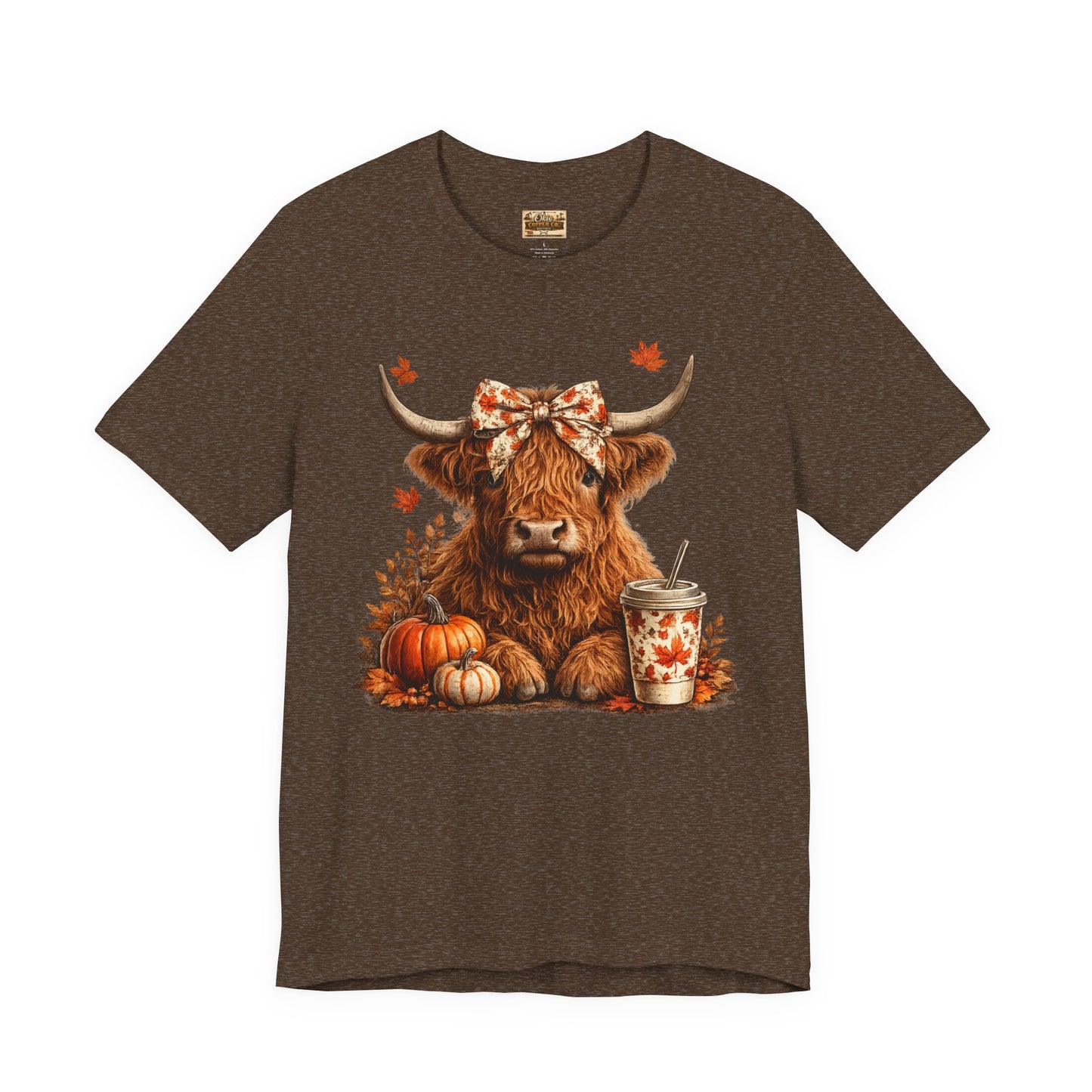 Autumn Highland Cow Tee — Fall Pumpkin Latte Graphic T-Shirt