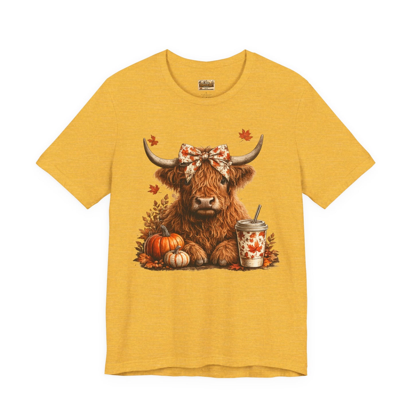 Autumn Highland Cow Tee — Fall Pumpkin Latte Graphic T-Shirt