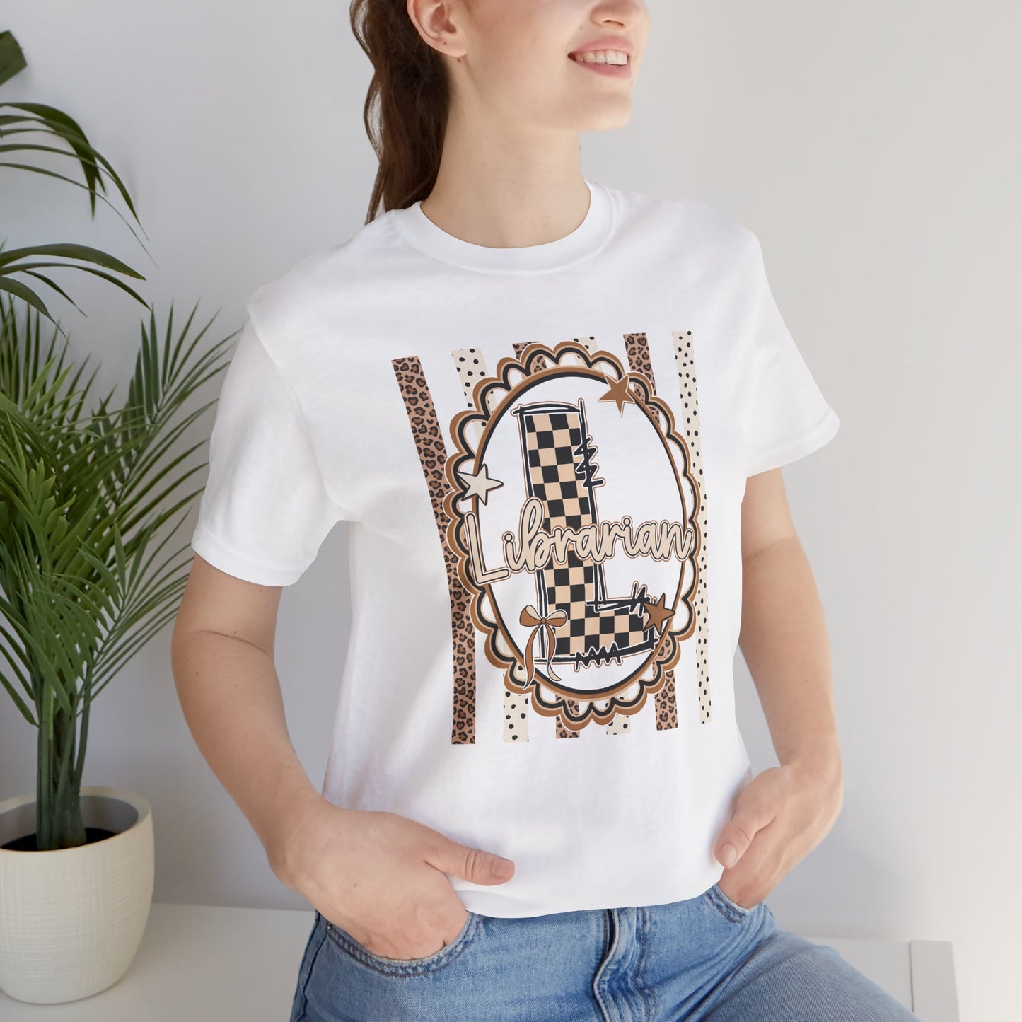 Librarian Checkerboard Letter L Tee — Vintage Booklover Graphic T-Shirt