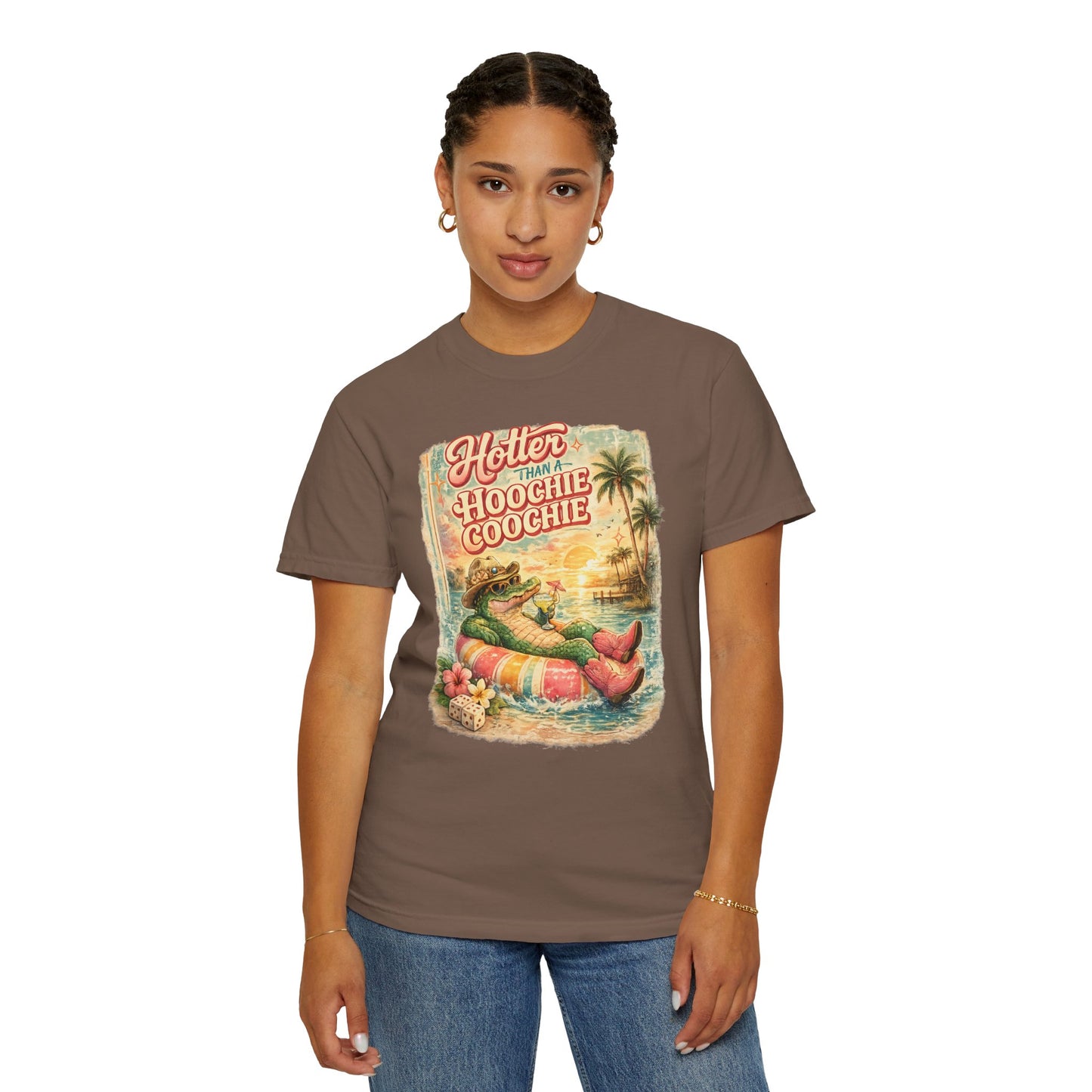"Hotter Than a Hoochie Coochie" Retro Alligator Beach Graphic