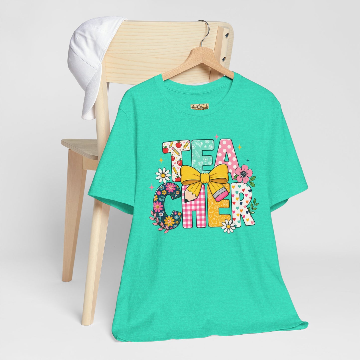 Teacher Floral Bow T-Shirt — Cute 'Teach er' Colorful School Shirt for Teachers