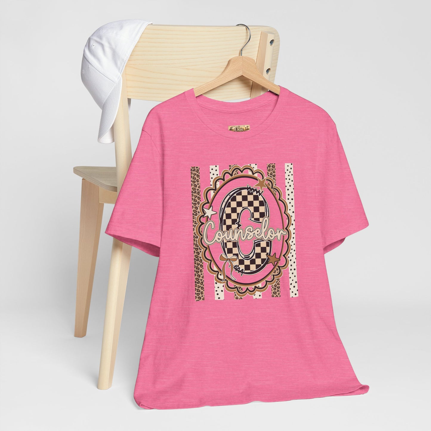 Counselor Tee — Retro Checkerboard & Leopard Print Graphic T-Shirt