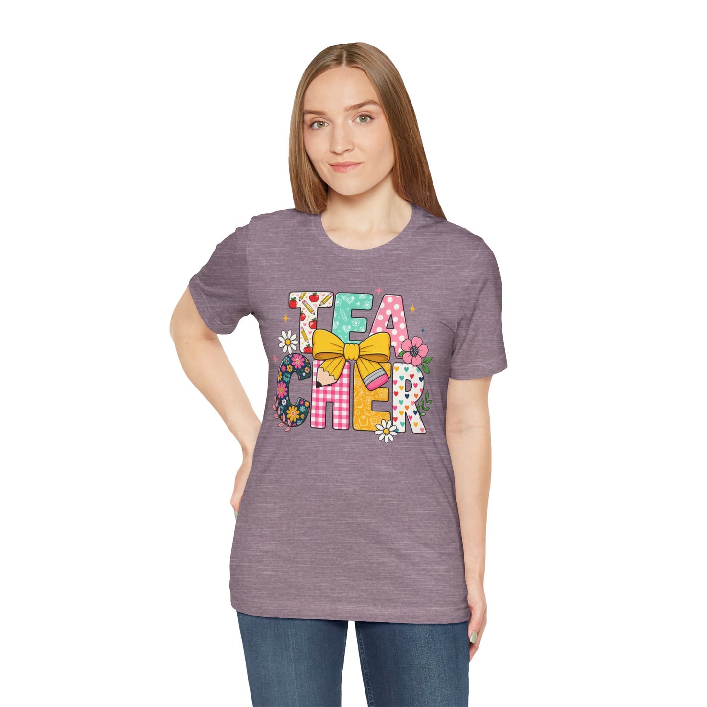 Teacher Floral Bow T-Shirt — Cute 'Teach er' Colorful School Shirt for Teachers