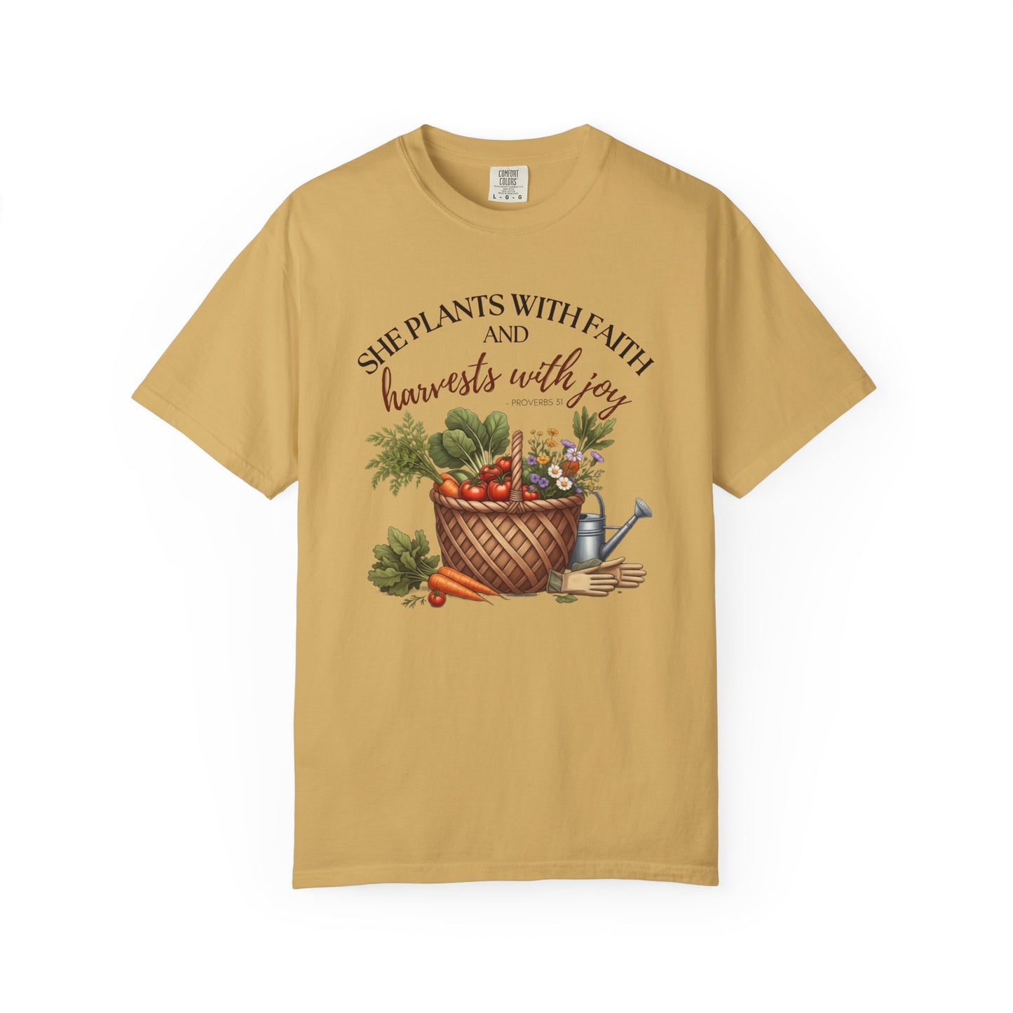 She Plants With Faith Garden T‑Shirt — Harvests With Joy Floral Basket Tee