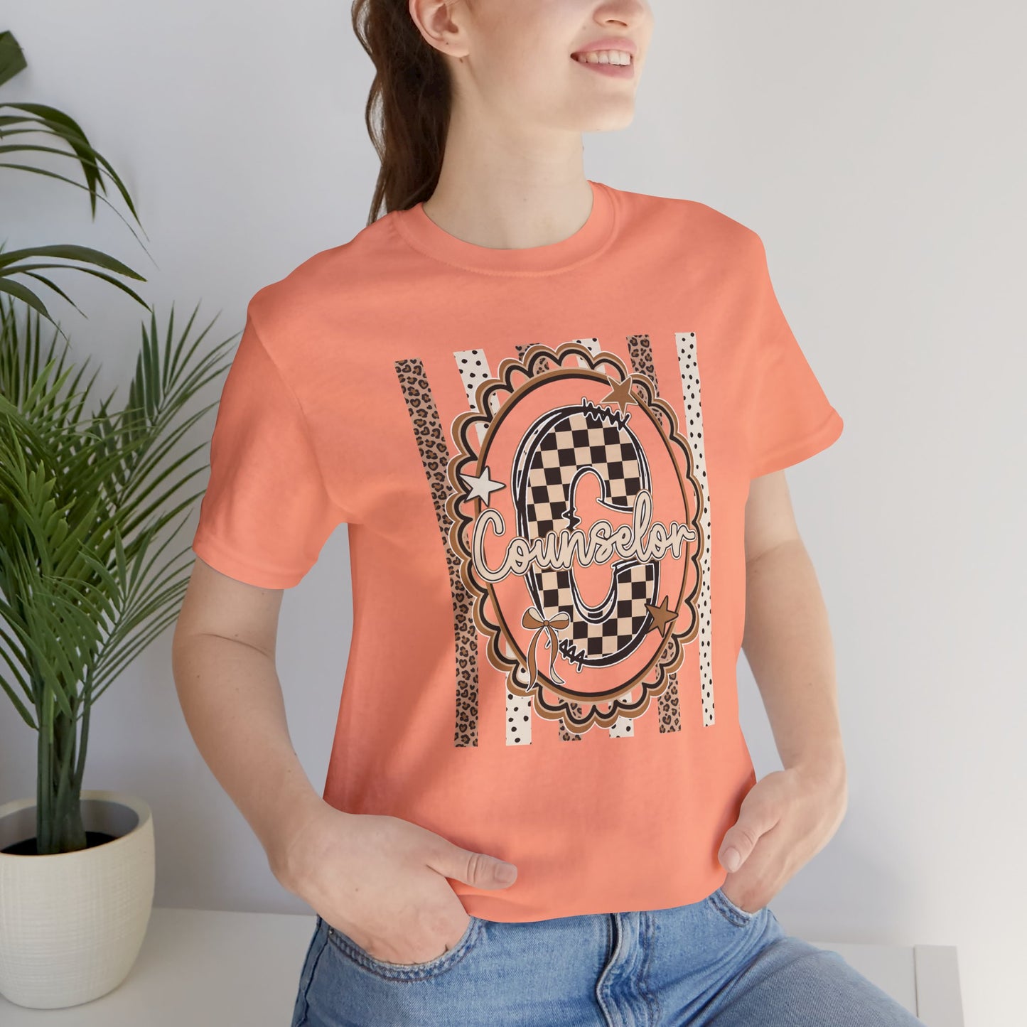 Counselor Tee — Retro Checkerboard & Leopard Print Graphic T-Shirt
