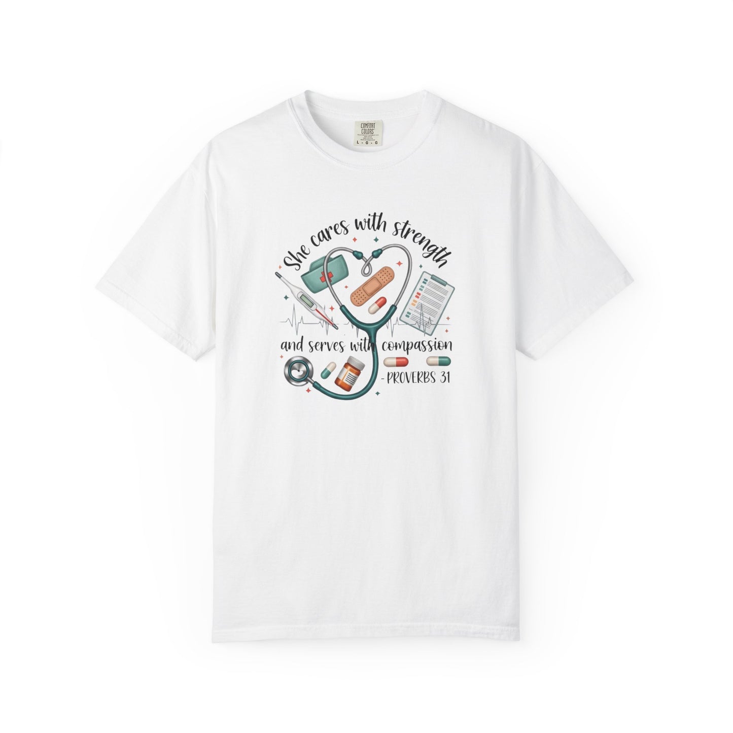 Nurse Heartbeat Graphic T-Shirt — "She Cares with Strength" Psalm 31 Christian Tee