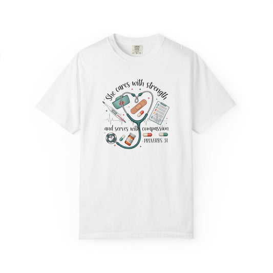 Nurse Heartbeat Graphic T-Shirt — "She Cares with Strength" Psalm 31 Christian Tee
