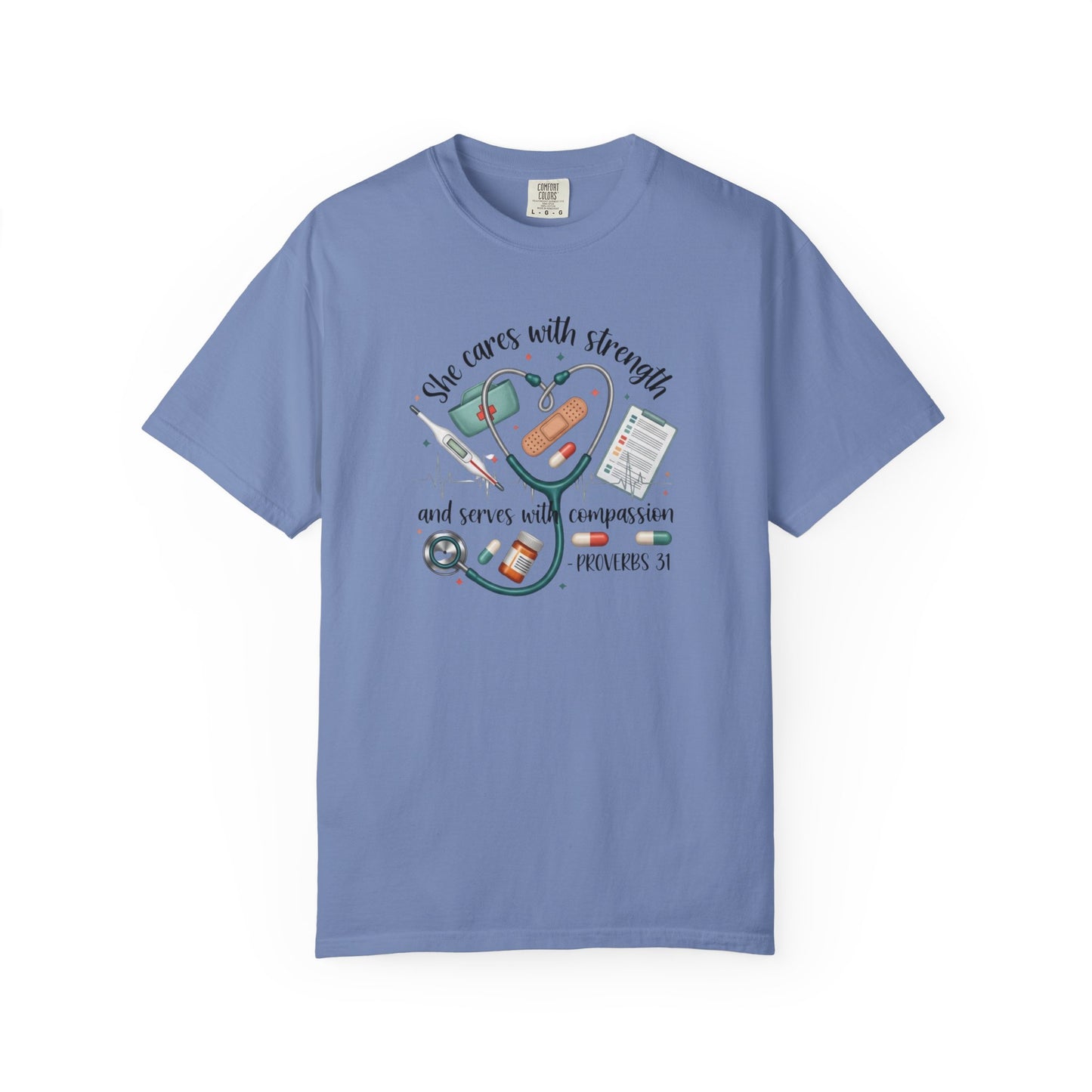 Nurse Heartbeat Graphic T-Shirt — "She Cares with Strength" Psalm 31 Christian Tee