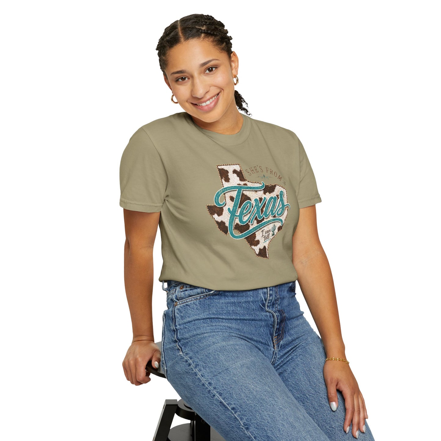 Texas Cowhide Graphic T-Shirt — "She's From Texas" Retro Western Tee