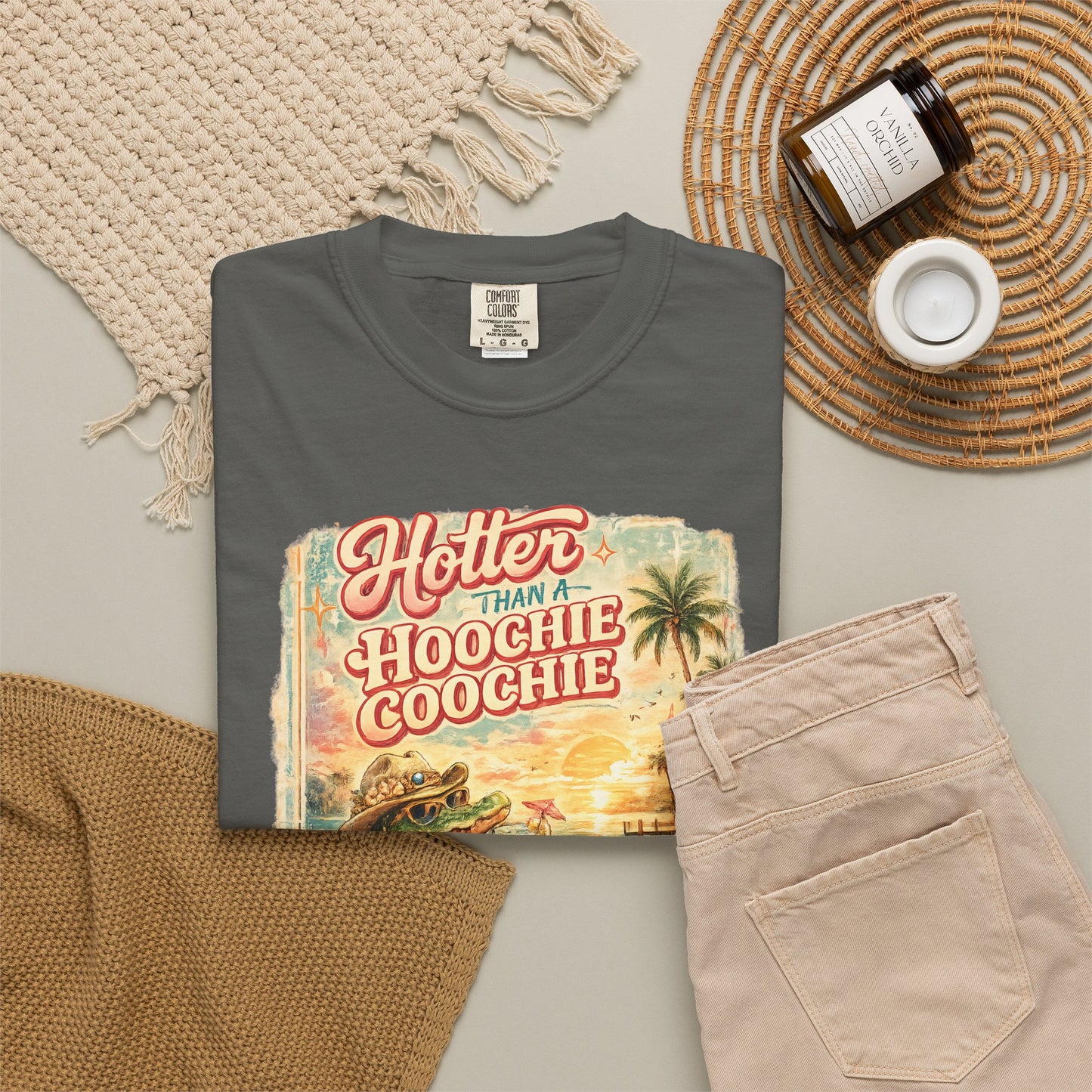 "Hotter Than a Hoochie Coochie" Retro Alligator Beach Graphic