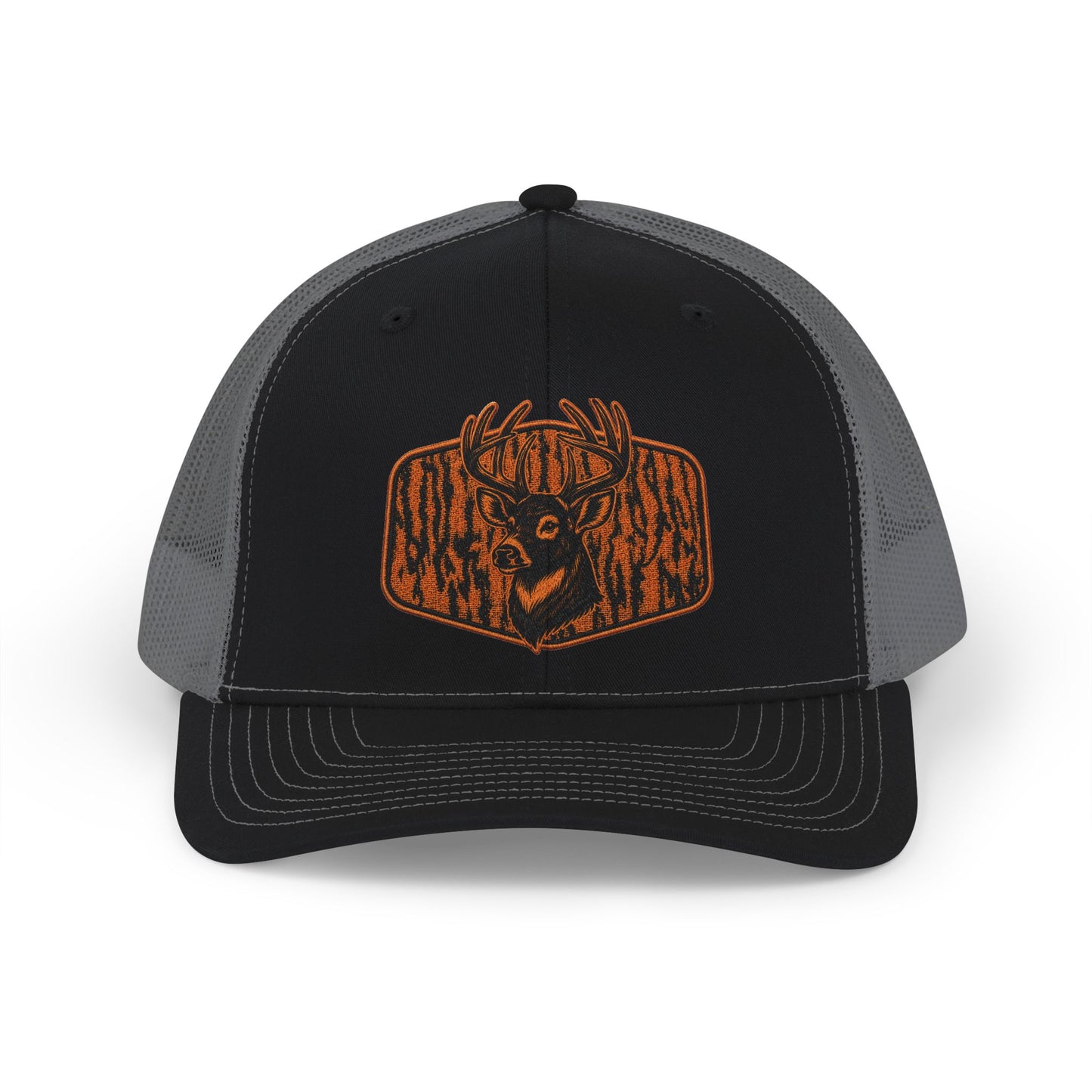 Deer Patch Snapback Trucker Cap — Rustic Woodgrain Buck Emblem