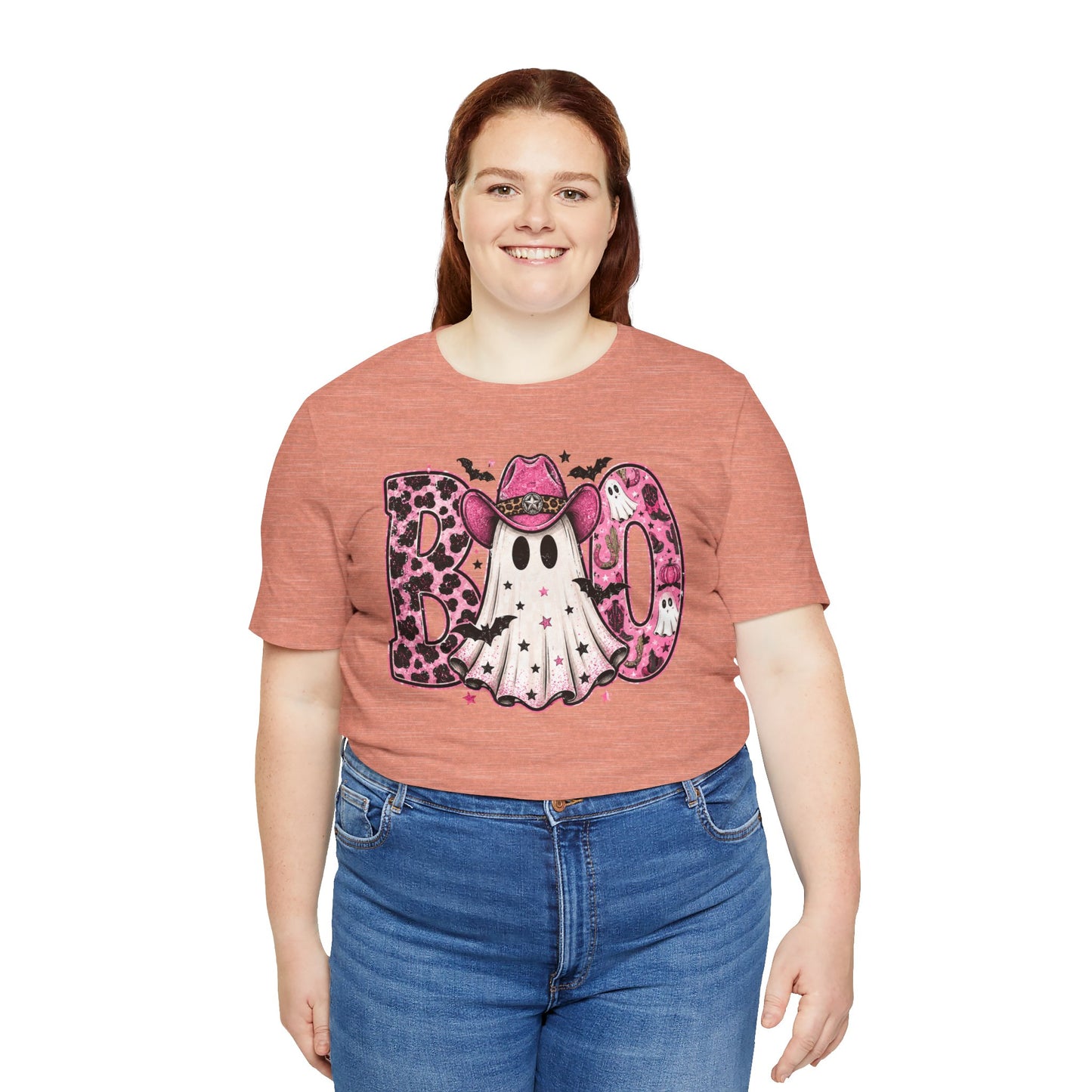 Boo Pink Leopard Ghost Tee — Cute Cowgirl Halloween T-Shirt