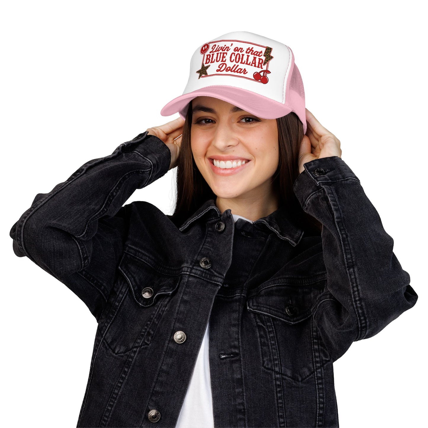 Livin' On That Blue Collar Dollar Foam Trucker Hat — Retro Workwear Cherry Patch