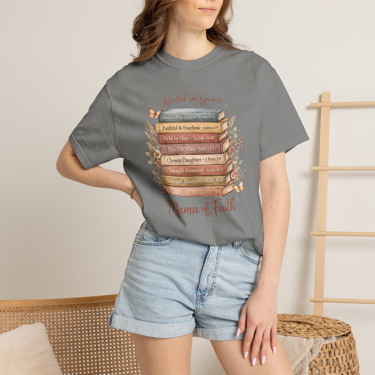 Mama of Faith Book Stack T‑Shirt — Rooted in Grace Christian Mother's Tee