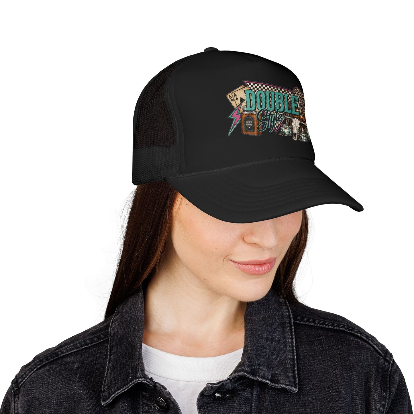 Double Shot Retro Foam Trucker Hat — Vintage Neon Coffee & Camera Patch