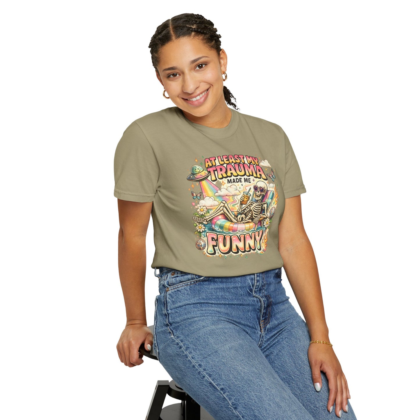 Funny Skeleton Graphic T-Shirt — "At Least My Trauma Made Me Funny"