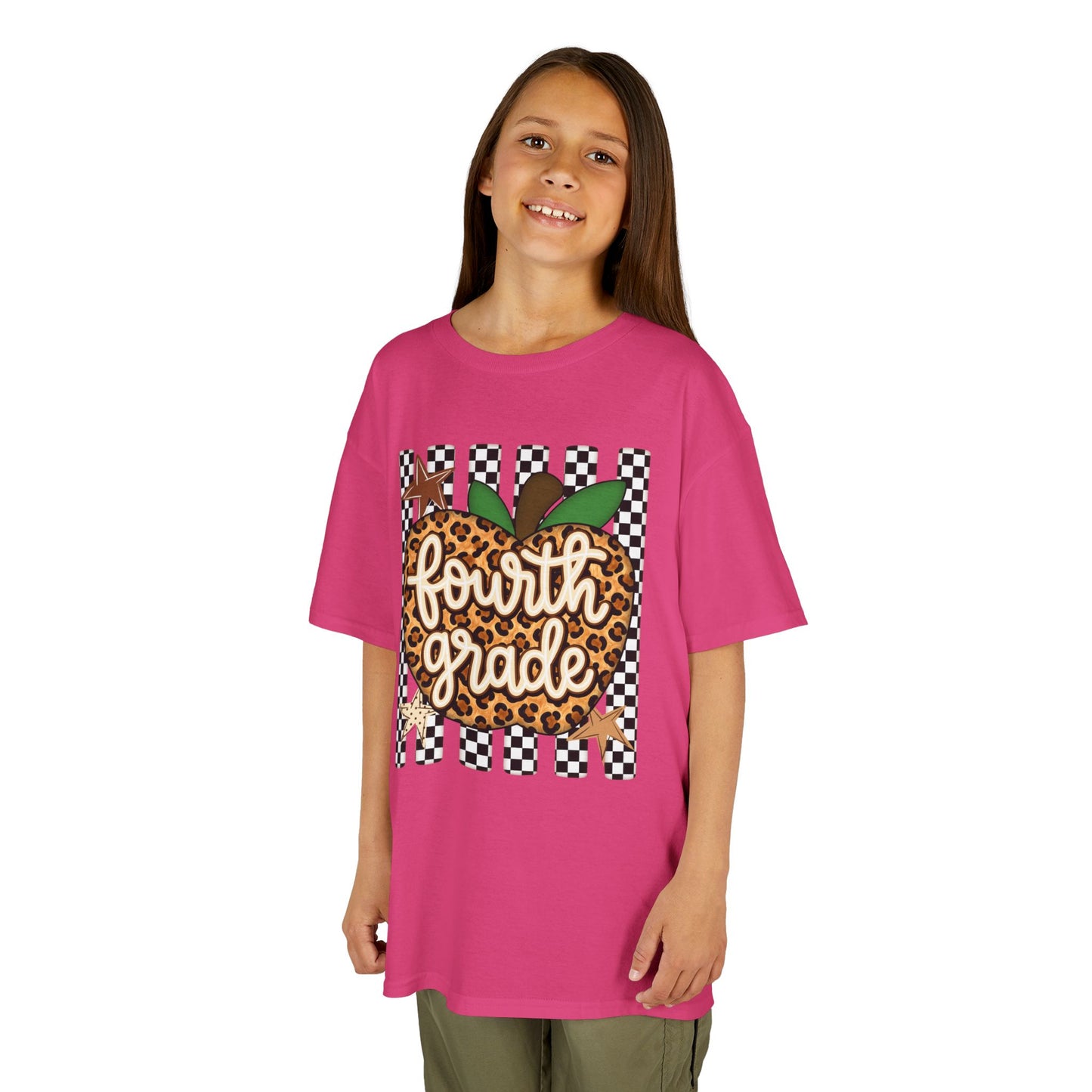 Fourth Grade Apple Kids T‑Shirt — Leopard & Checkerboard Back-to-School Tee