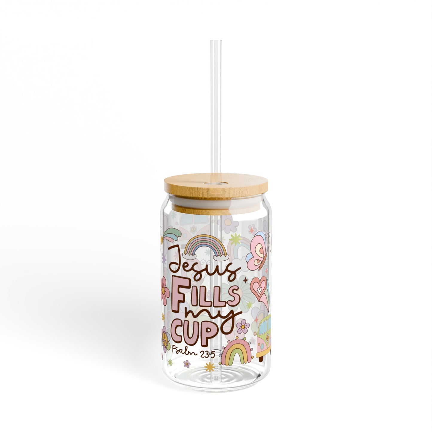 Jesus Fills My Cup 16oz Glass Sipper — Faith-Inspired Rainbow & Floral Tumbler