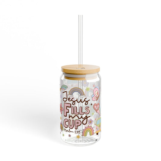 Jesus Fills My Cup 16oz Glass Sipper — Faith-Inspired Rainbow & Floral Tumbler