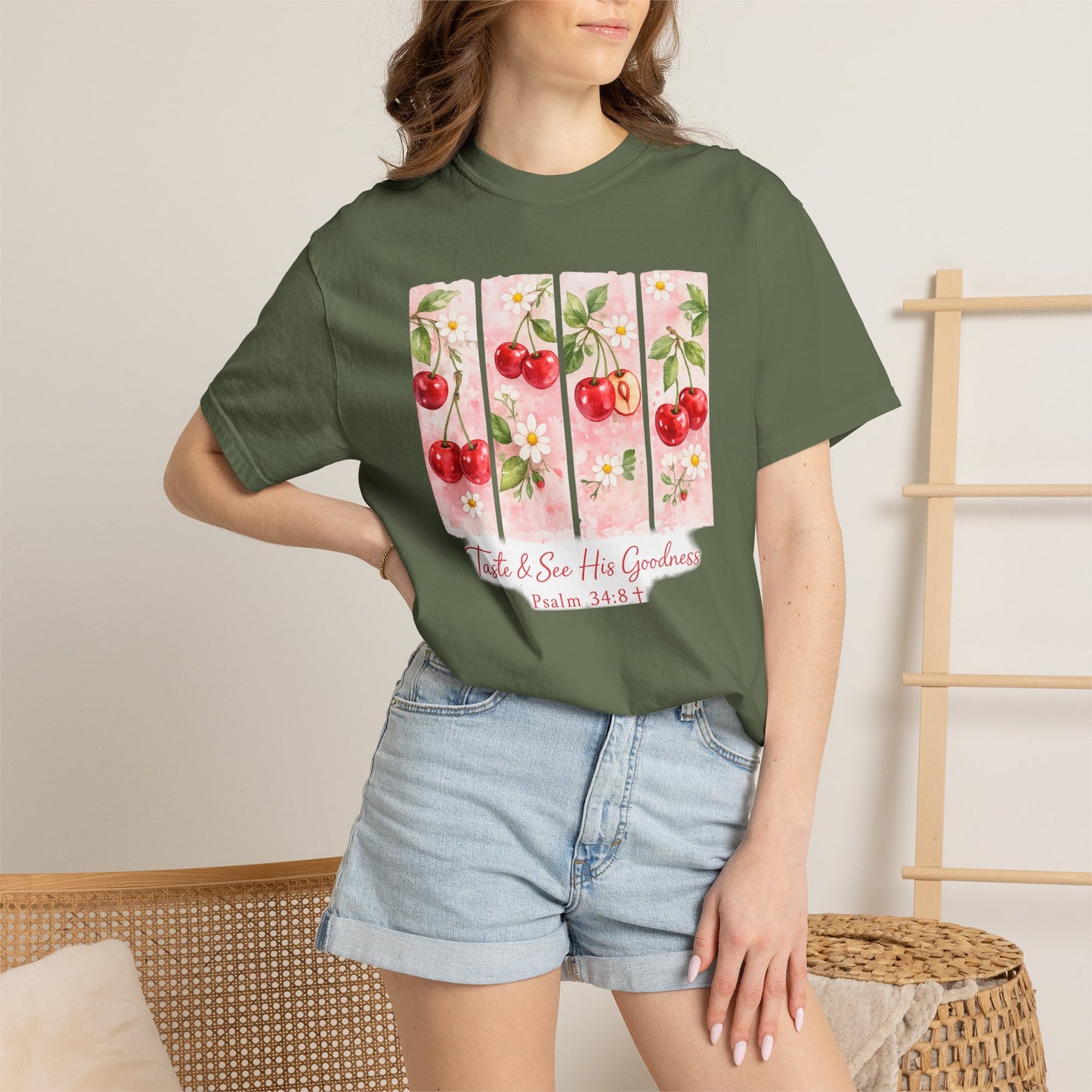 T-Shirt — "Taste & See His Goodness" Cherry Scripture Tee (Psalm 34:8)