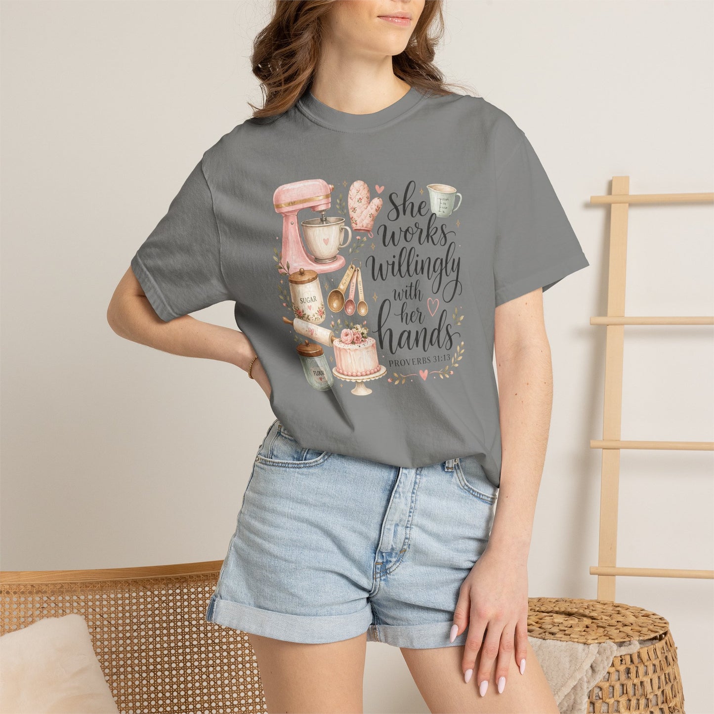 Baker’s Kitchen T-Shirt — “She Works Willingly With Her Hands” Floral Baking Design