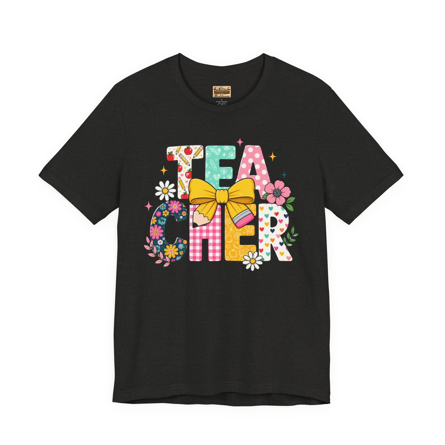 Teacher Floral Bow T-Shirt — Cute 'Teach er' Colorful School Shirt for Teachers