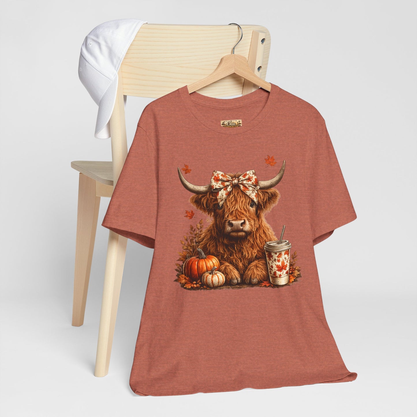 Autumn Highland Cow Tee — Fall Pumpkin Latte Graphic T-Shirt