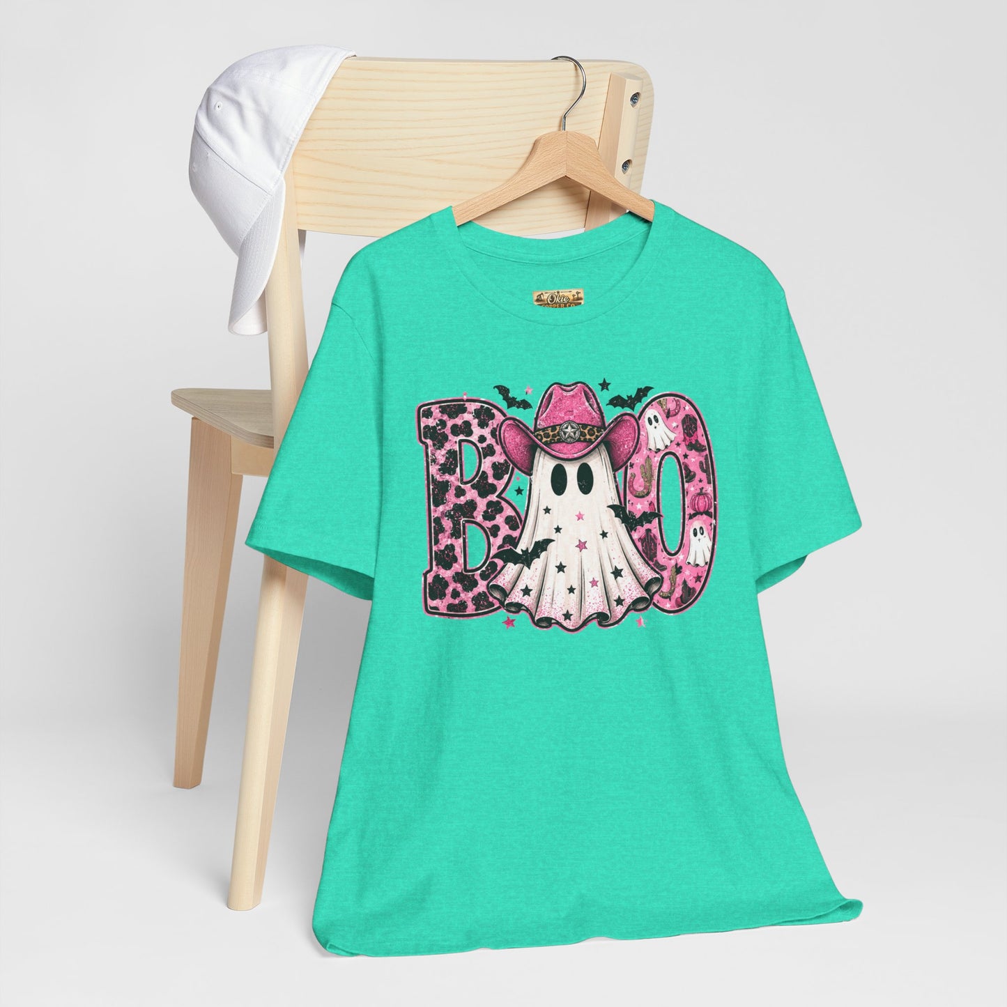 Boo Pink Leopard Ghost Tee — Cute Cowgirl Halloween T-Shirt