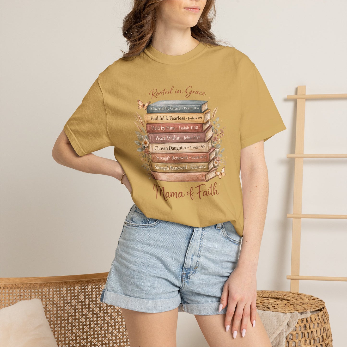 Mama of Faith Book Stack T‑Shirt — Rooted in Grace Christian Mother's Tee