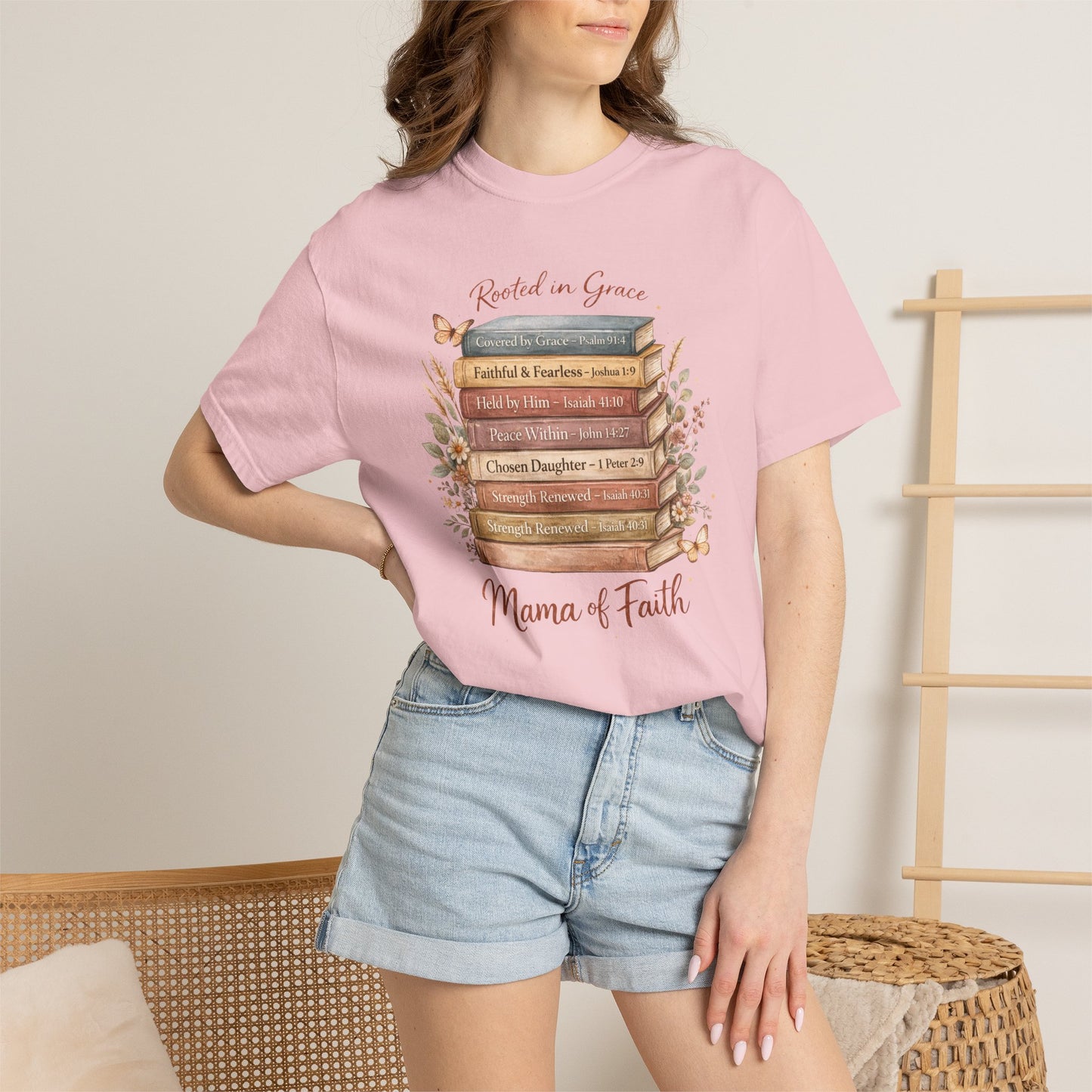 Mama of Faith Book Stack T‑Shirt — Rooted in Grace Christian Mother's Tee