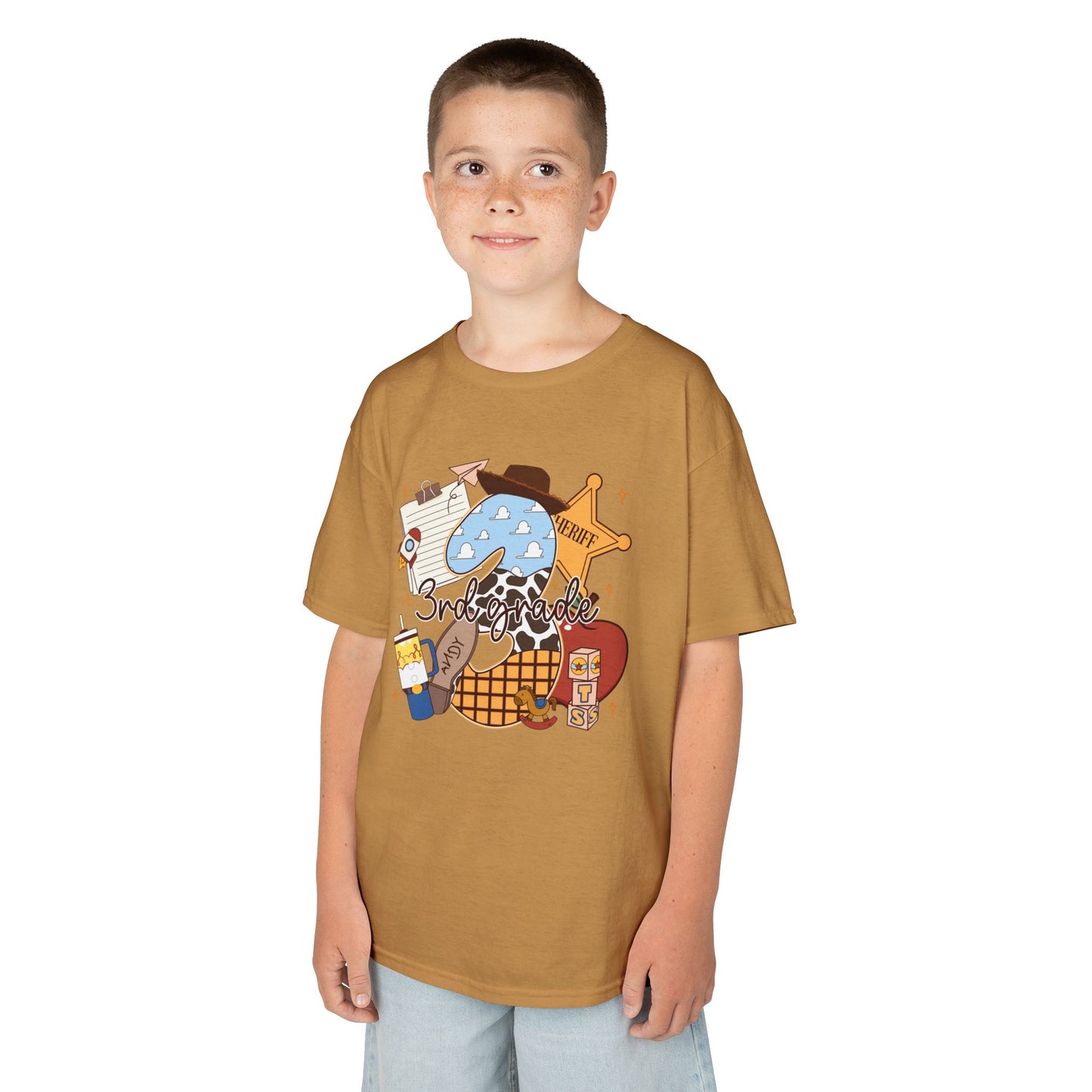 Kids Tee — 3rd Grade School Life Graphic (apple, donut, sheriff star)