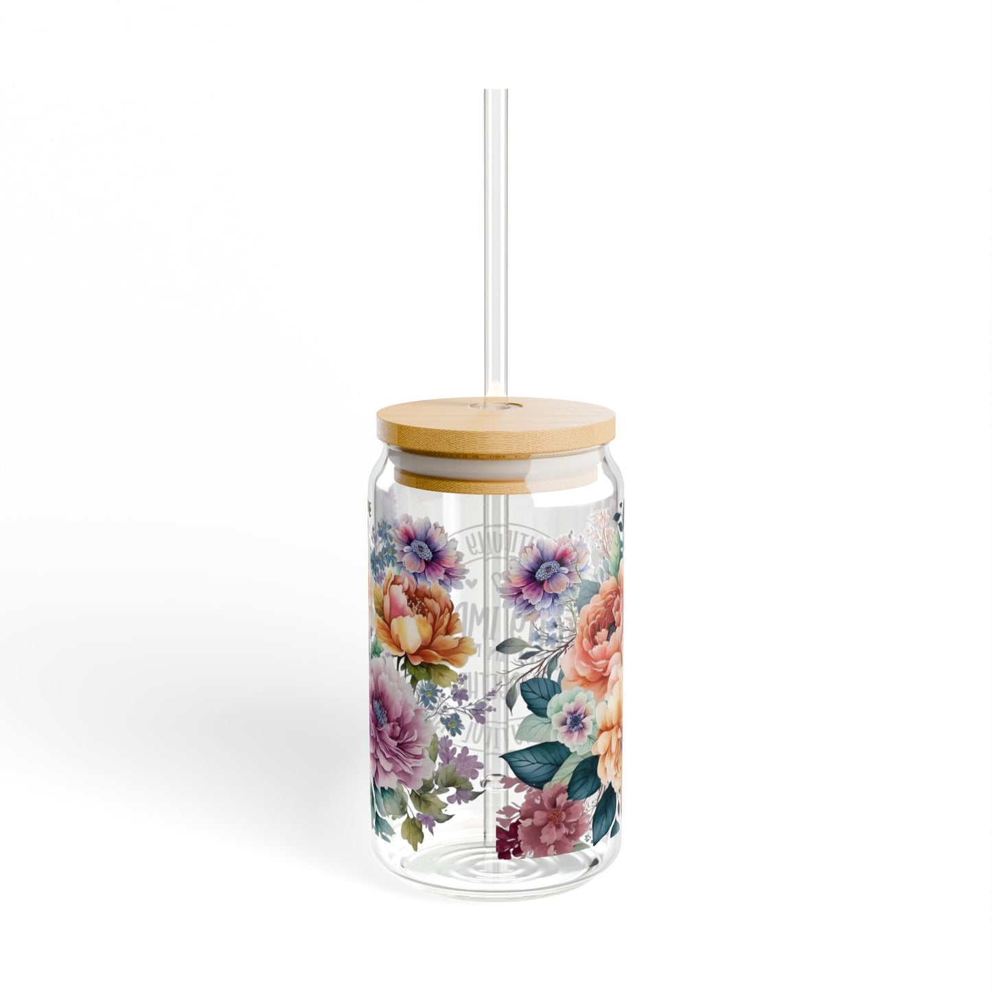 Floral Sipper Glass - 16oz Mason Jar Tumbler with Straw, 'Perfectly Imperfect' Inspirational Design