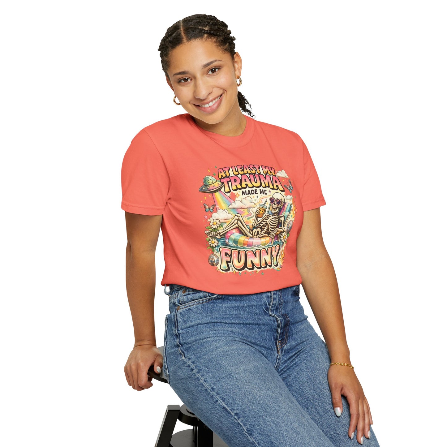 Funny Skeleton Graphic T-Shirt — "At Least My Trauma Made Me Funny"