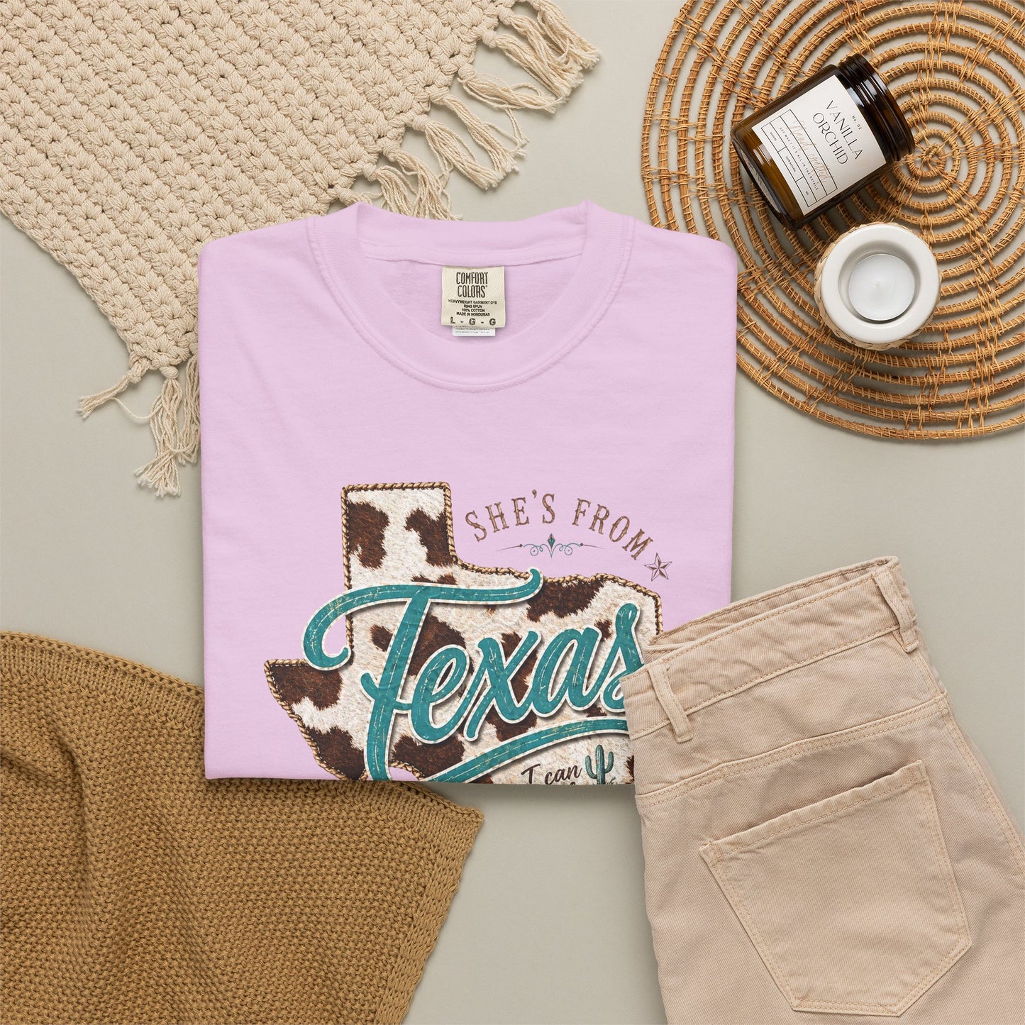 Texas Cowhide Graphic T-Shirt — "She's From Texas" Retro Western Tee