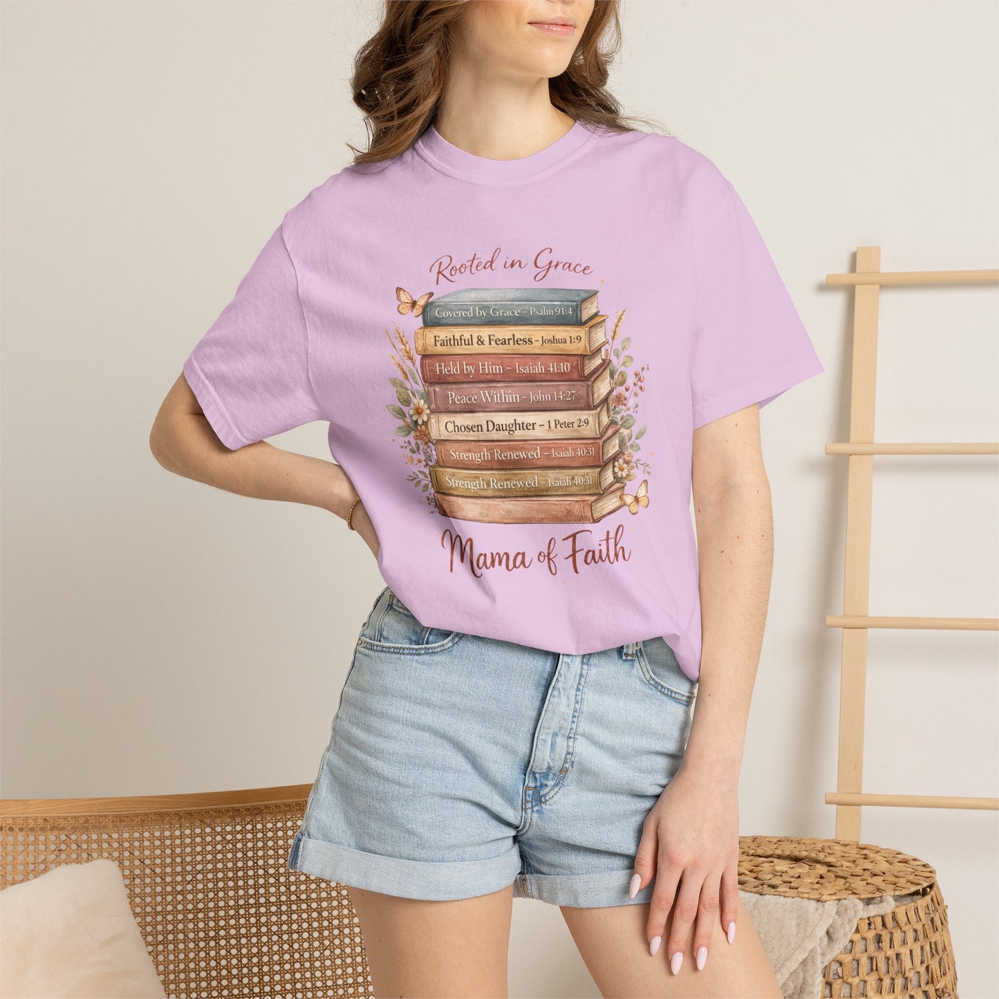 Mama of Faith Book Stack T‑Shirt — Rooted in Grace Christian Mother's Tee