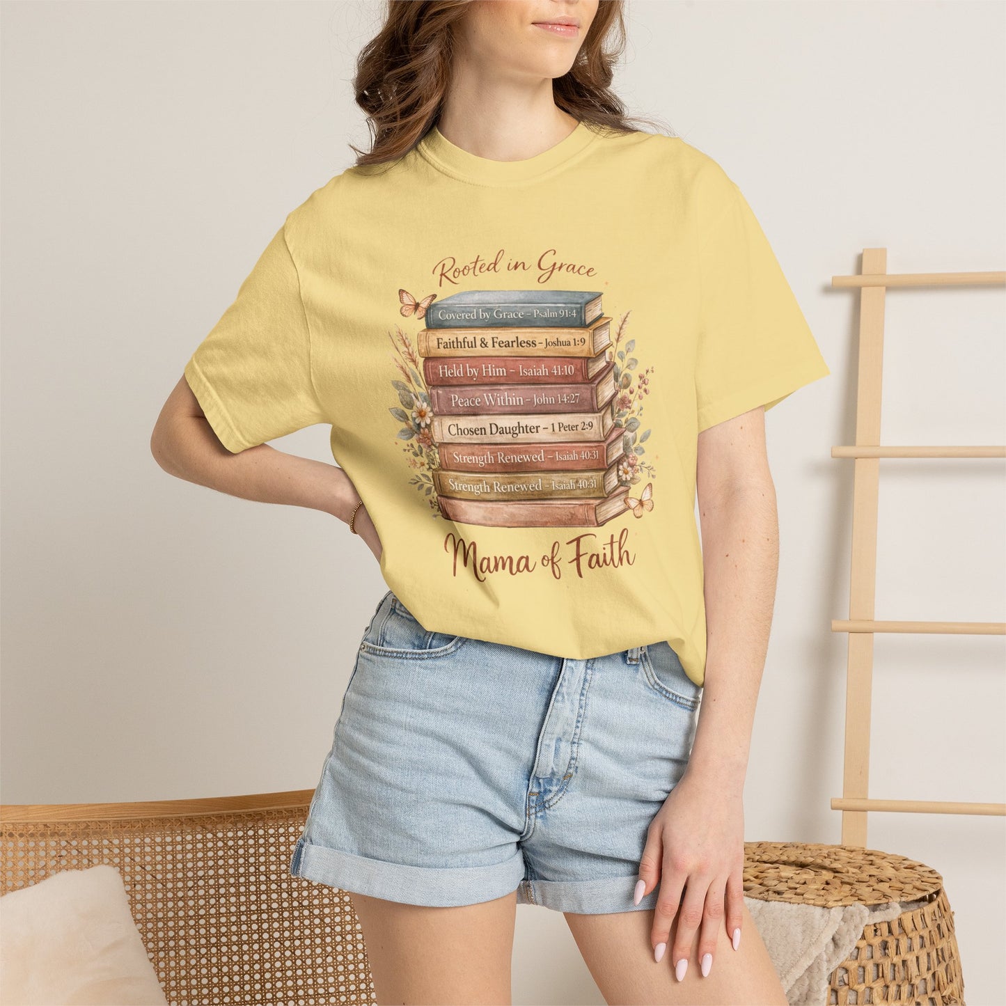 Mama of Faith Book Stack T‑Shirt — Rooted in Grace Christian Mother's Tee