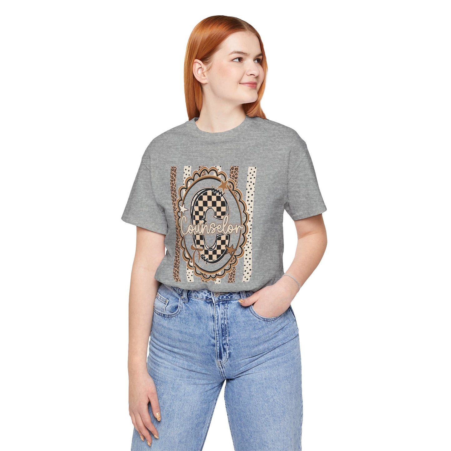 Counselor Tee — Retro Checkerboard & Leopard Print Graphic T-Shirt