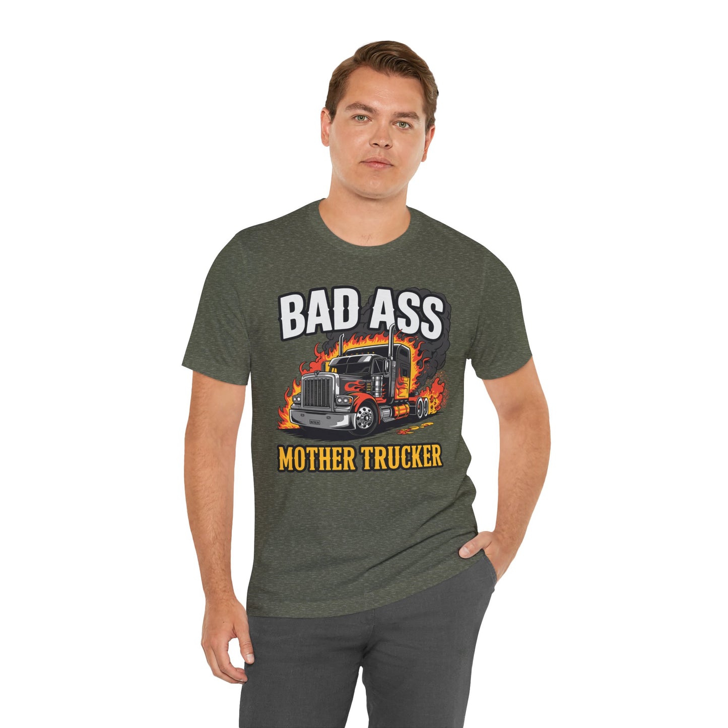 Bad Ass Mother Trucker Tee — Graphic Semi Truck Flames Shirt