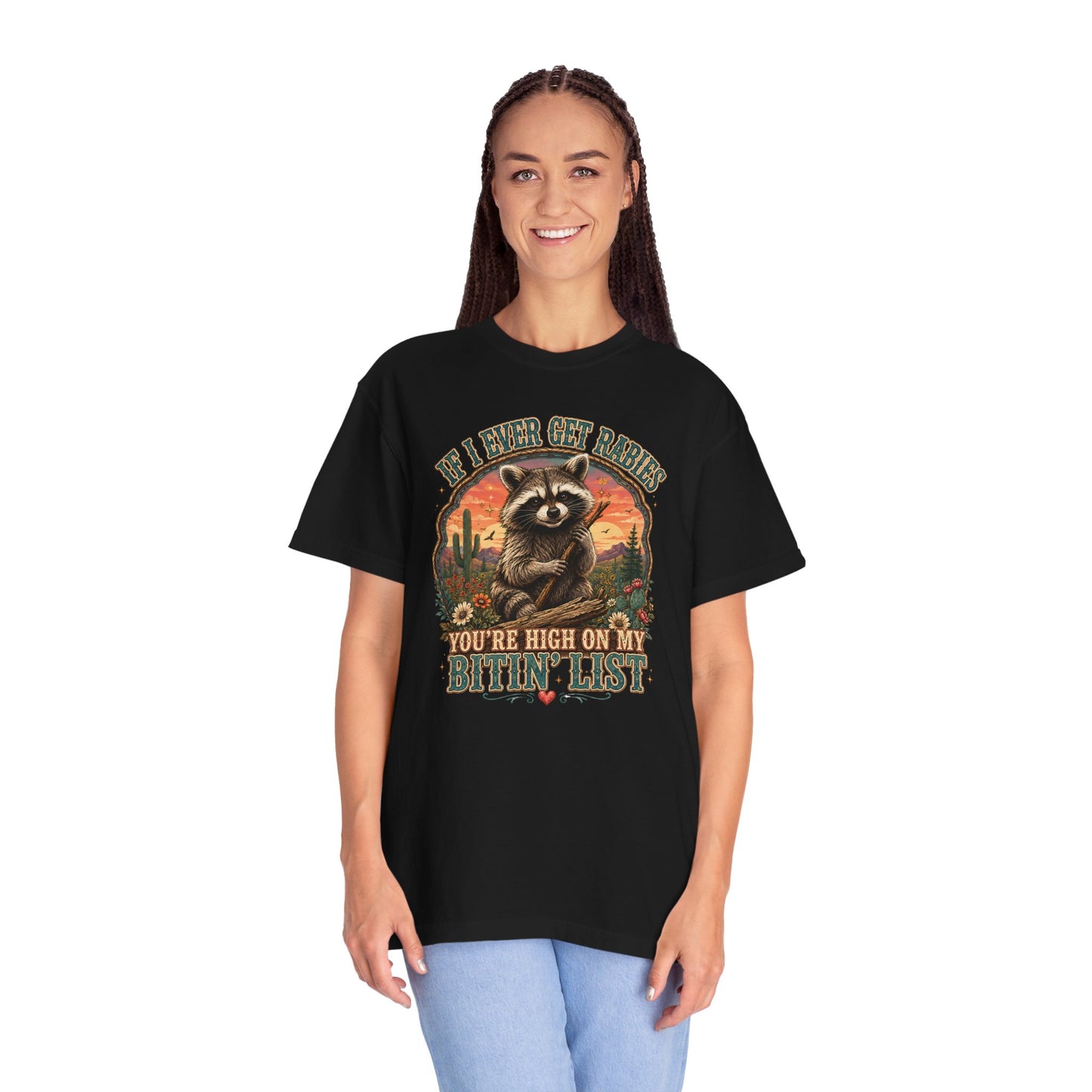 Raccoon Sunset T‑Shirt — “If I Ever Get Riches You’re High On My Bitin’ List” Funny Retro Graphic Tee