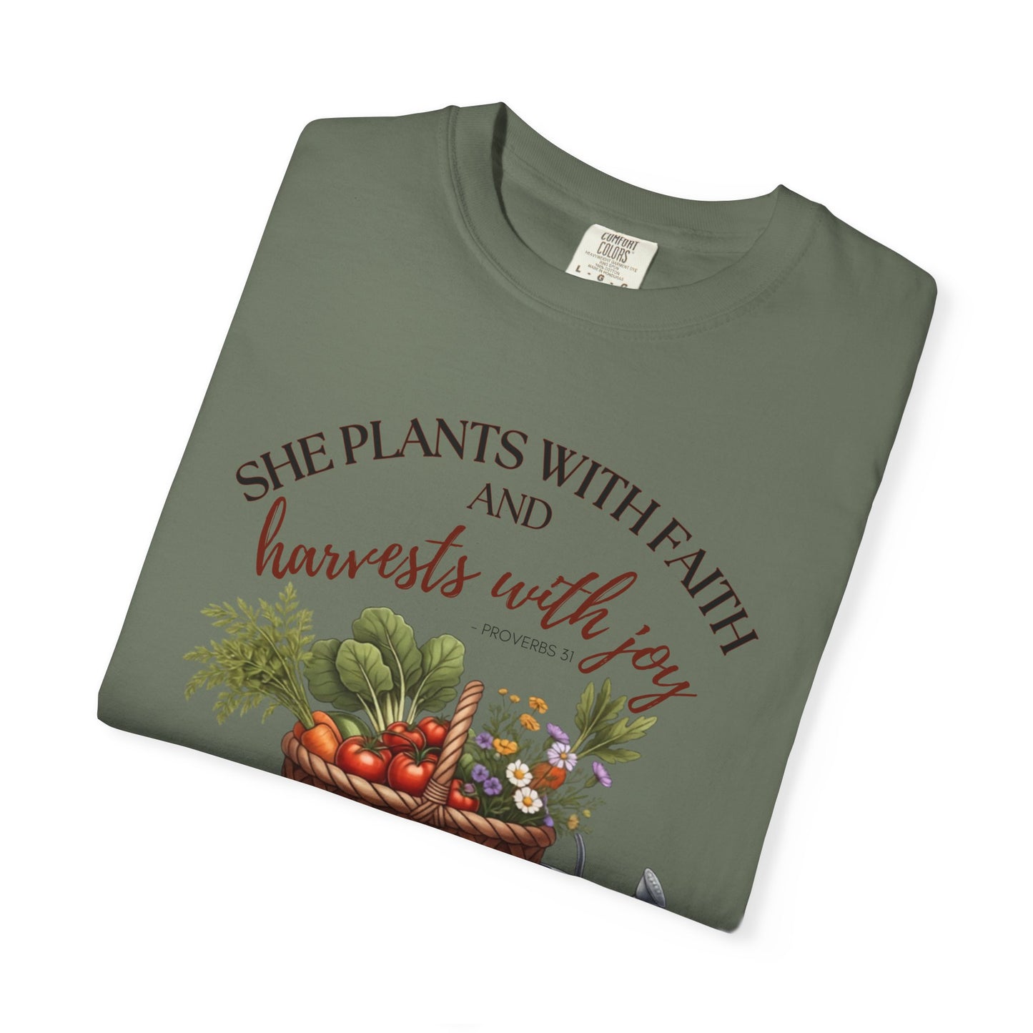 She Plants With Faith Garden T‑Shirt — Harvests With Joy Floral Basket Tee