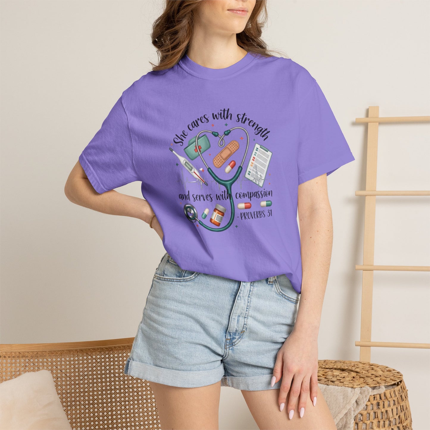 Nurse Heartbeat Graphic T-Shirt — "She Cares with Strength" Psalm 31 Christian Tee