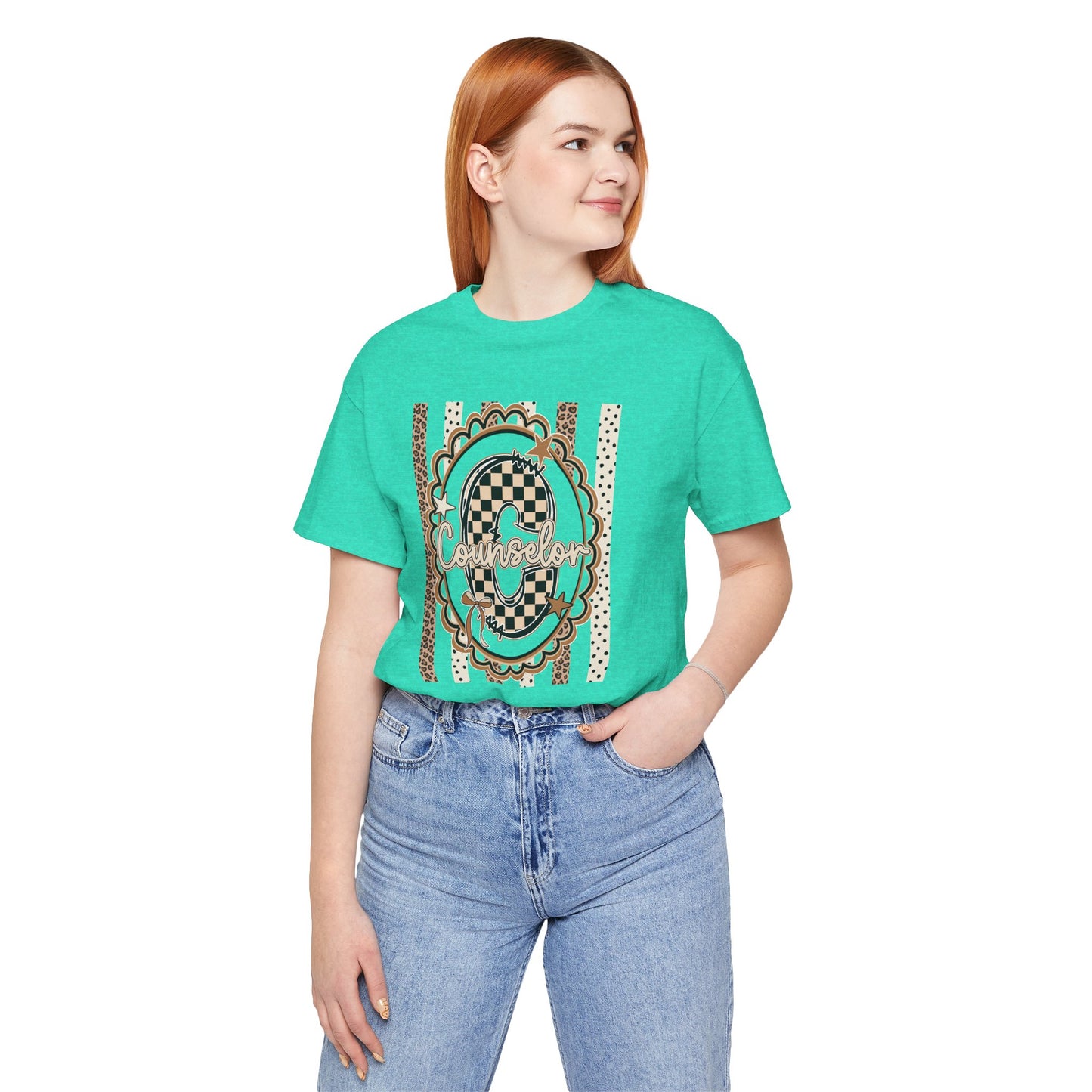Counselor Tee — Retro Checkerboard & Leopard Print Graphic T-Shirt