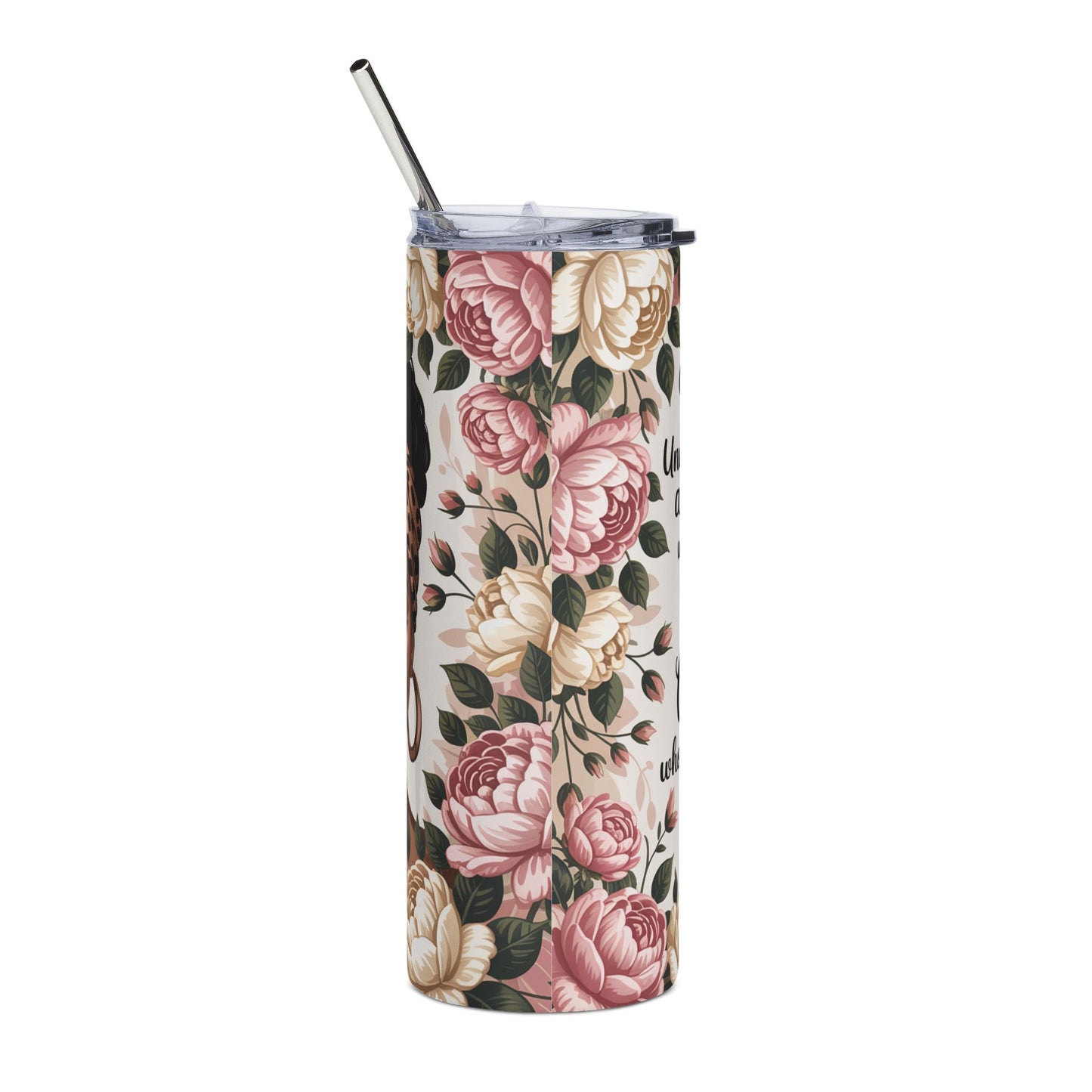 20oz Christian Floral Tumbler — "Never Underestimate a Woman…Christ Strengthens Her" Stainless Steel Travel Cup