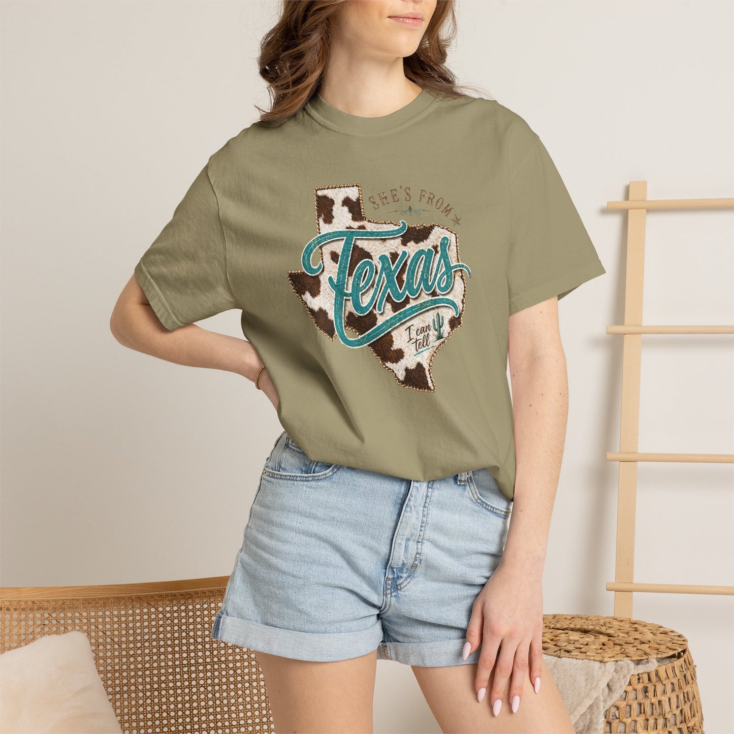Texas Cowhide Graphic T-Shirt — "She's From Texas" Retro Western Tee
