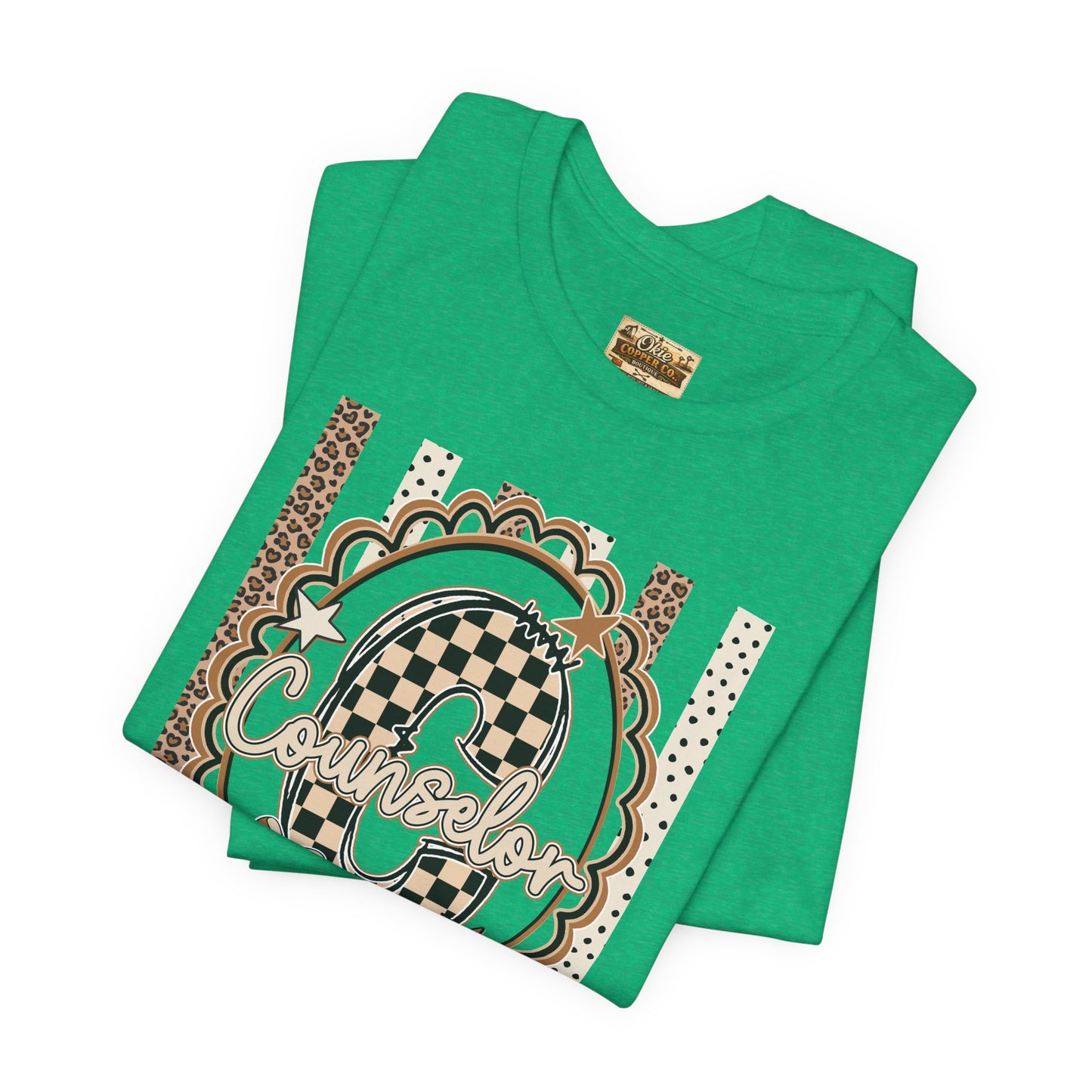 Counselor Tee — Retro Checkerboard & Leopard Print Graphic T-Shirt