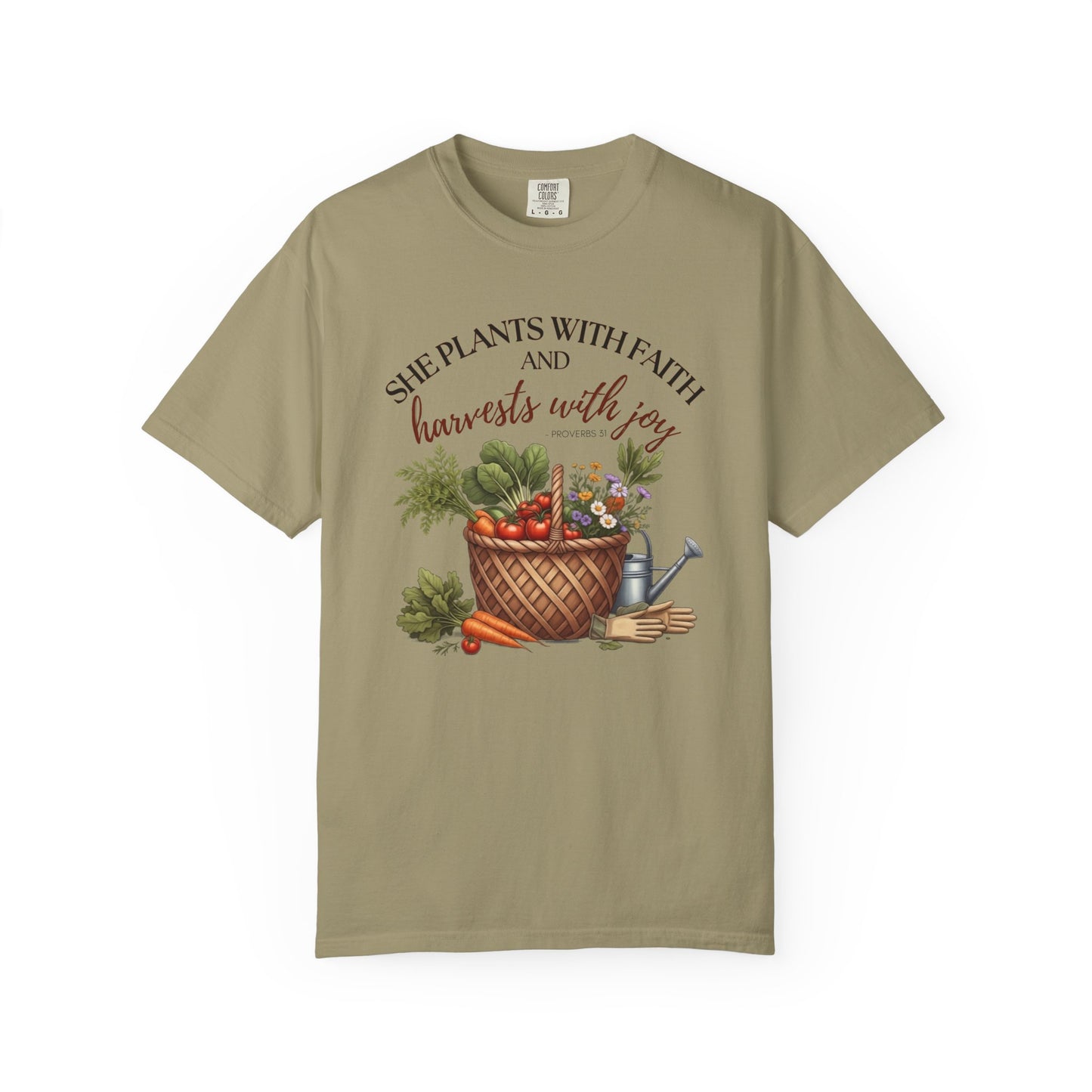 She Plants With Faith Garden T‑Shirt — Harvests With Joy Floral Basket Tee