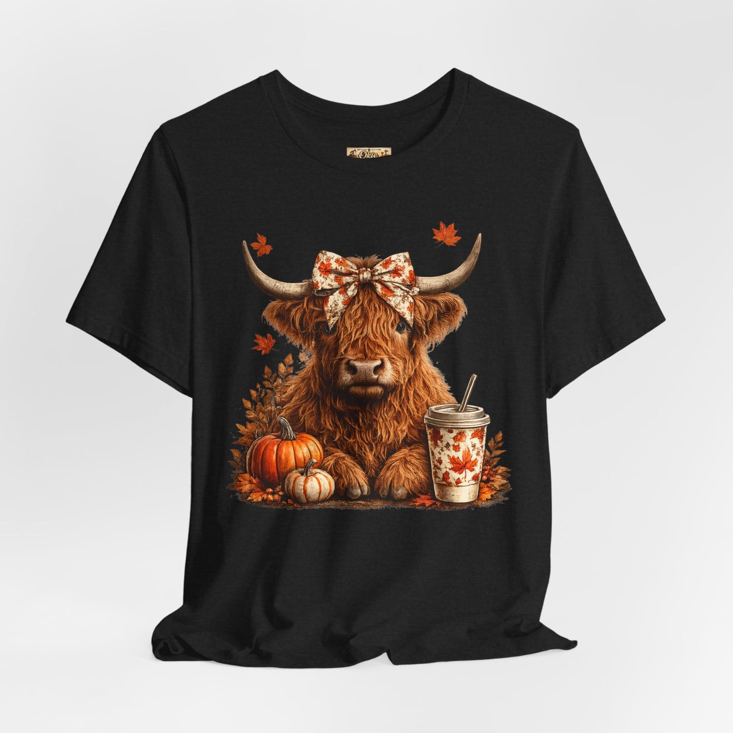 Autumn Highland Cow Tee — Fall Pumpkin Latte Graphic T-Shirt