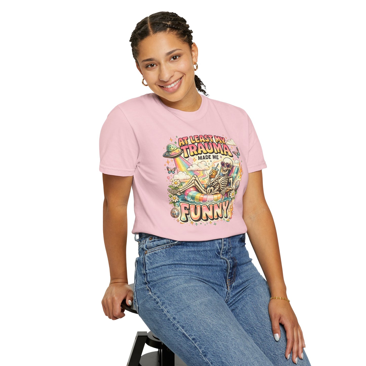 Funny Skeleton Graphic T-Shirt — "At Least My Trauma Made Me Funny"