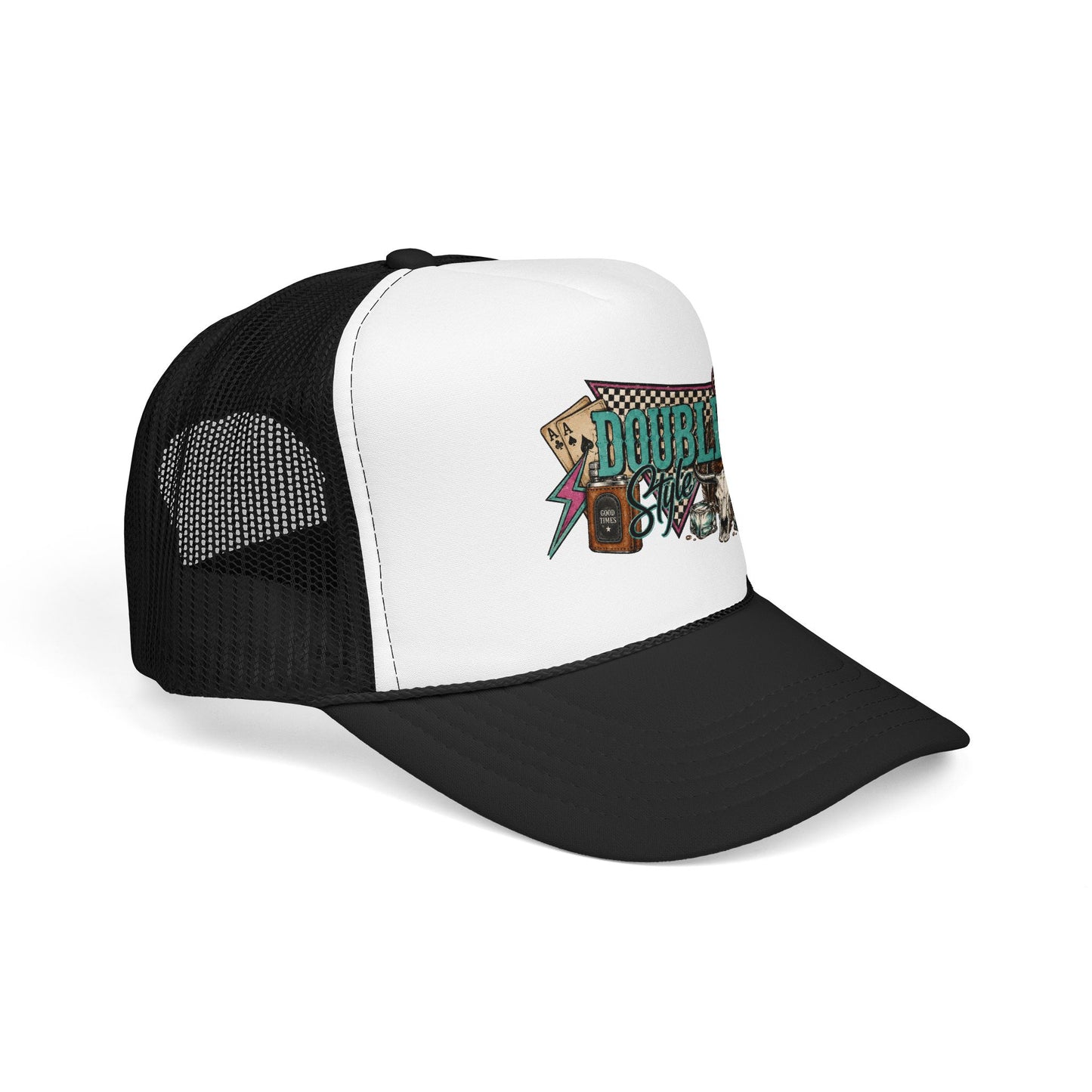 Double Shot Retro Foam Trucker Hat — Vintage Neon Coffee & Camera Patch