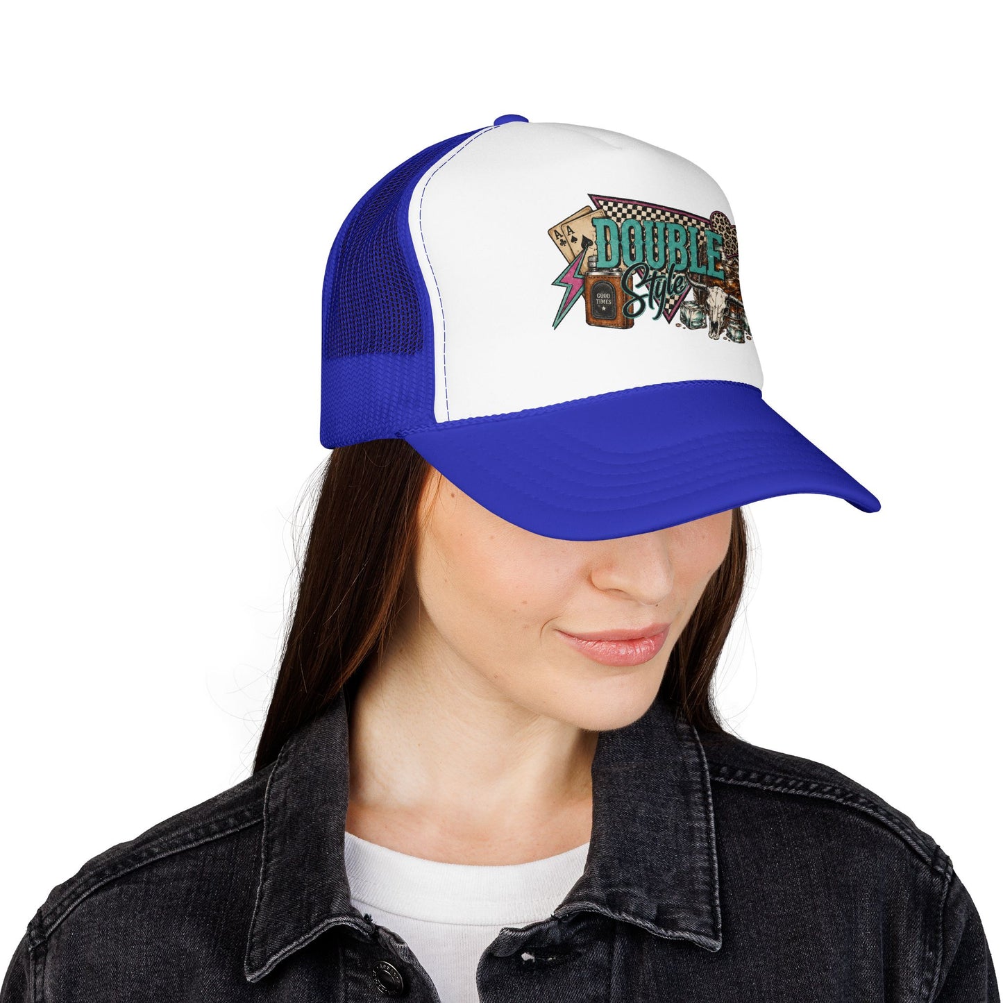 Double Shot Retro Foam Trucker Hat — Vintage Neon Coffee & Camera Patch